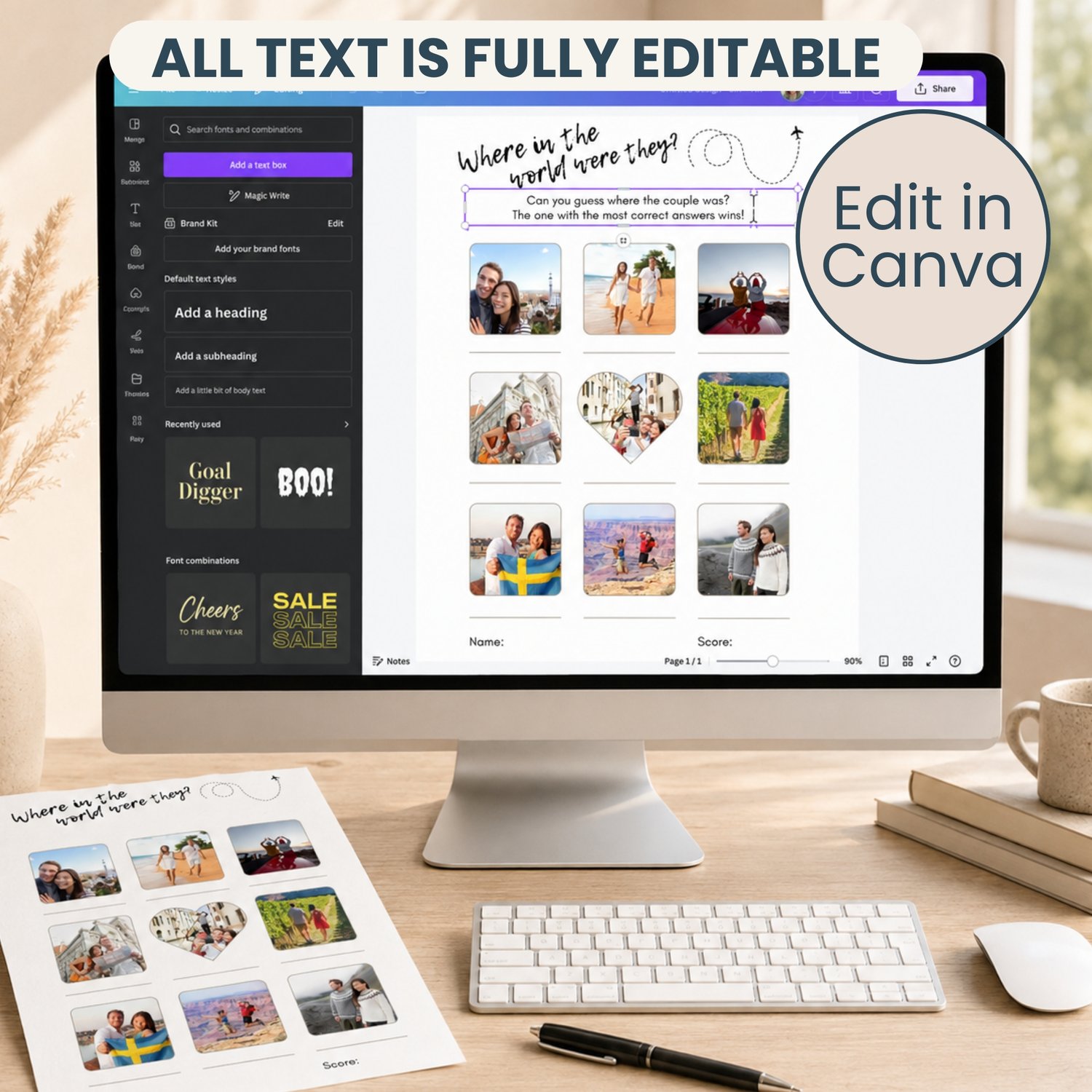 Editable 5 by 7 inch Where Were They couples game featuring nine travel photographs, answer lines, a world map background, airplane detail, and spaces for the guest’s name and score.