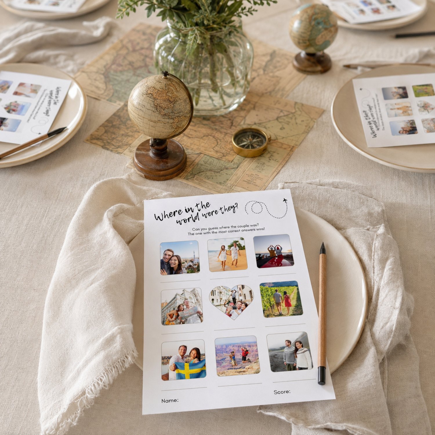 Editable 5 by 7 inch Where Were They couples game featuring nine travel photographs, answer lines, a world map background, airplane detail, and spaces for the guest’s name and score.
