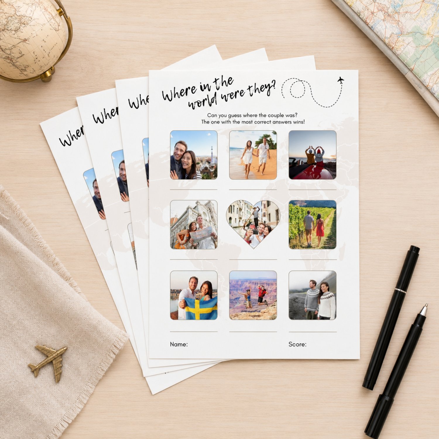 Editable 5 by 7 inch Where Were They couples game featuring nine travel photographs, answer lines, a world map background, airplane detail, and spaces for the guest’s name and score.