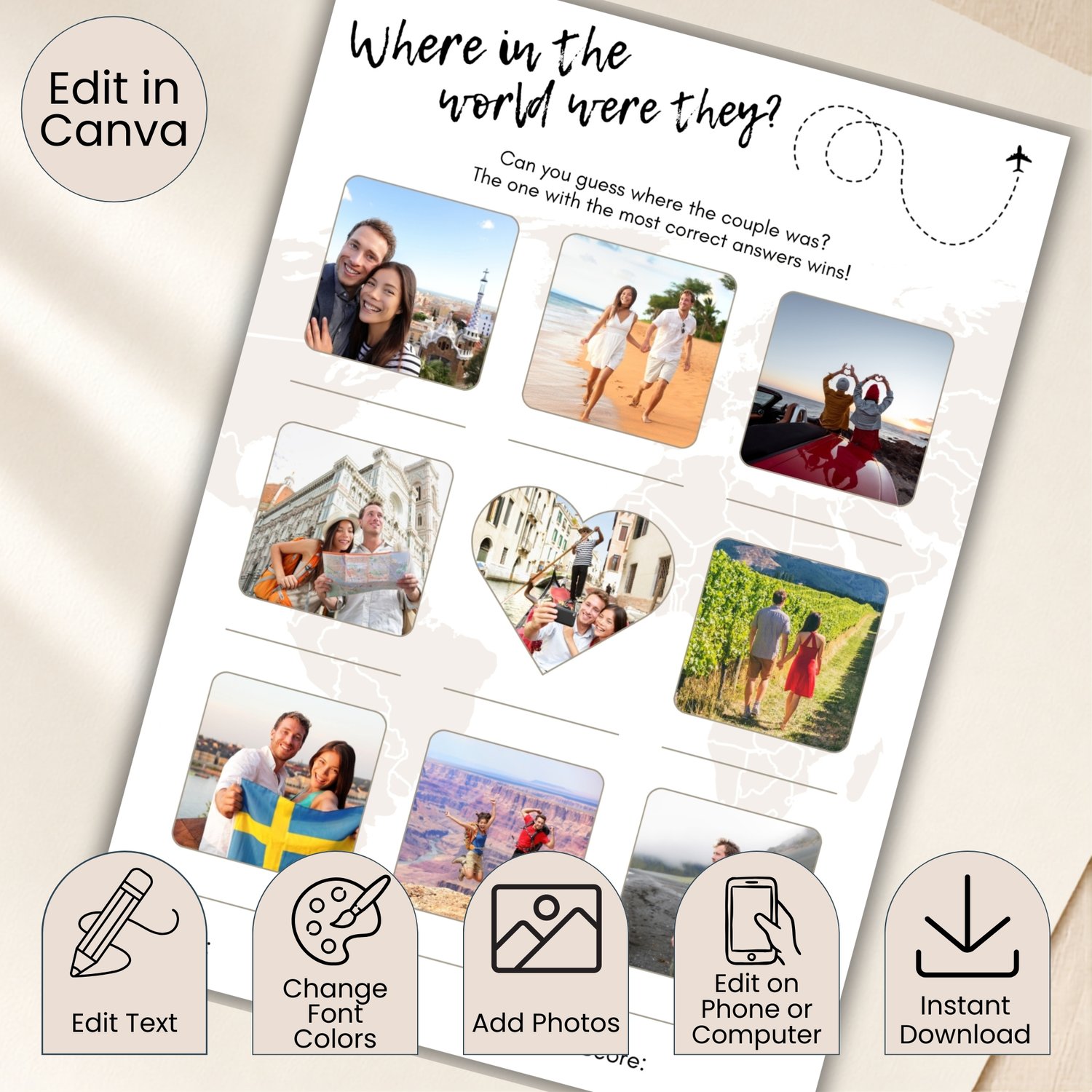 Editable 5 by 7 inch Where Were They couples game featuring nine travel photographs, answer lines, a world map background, airplane detail, and spaces for the guest’s name and score.
