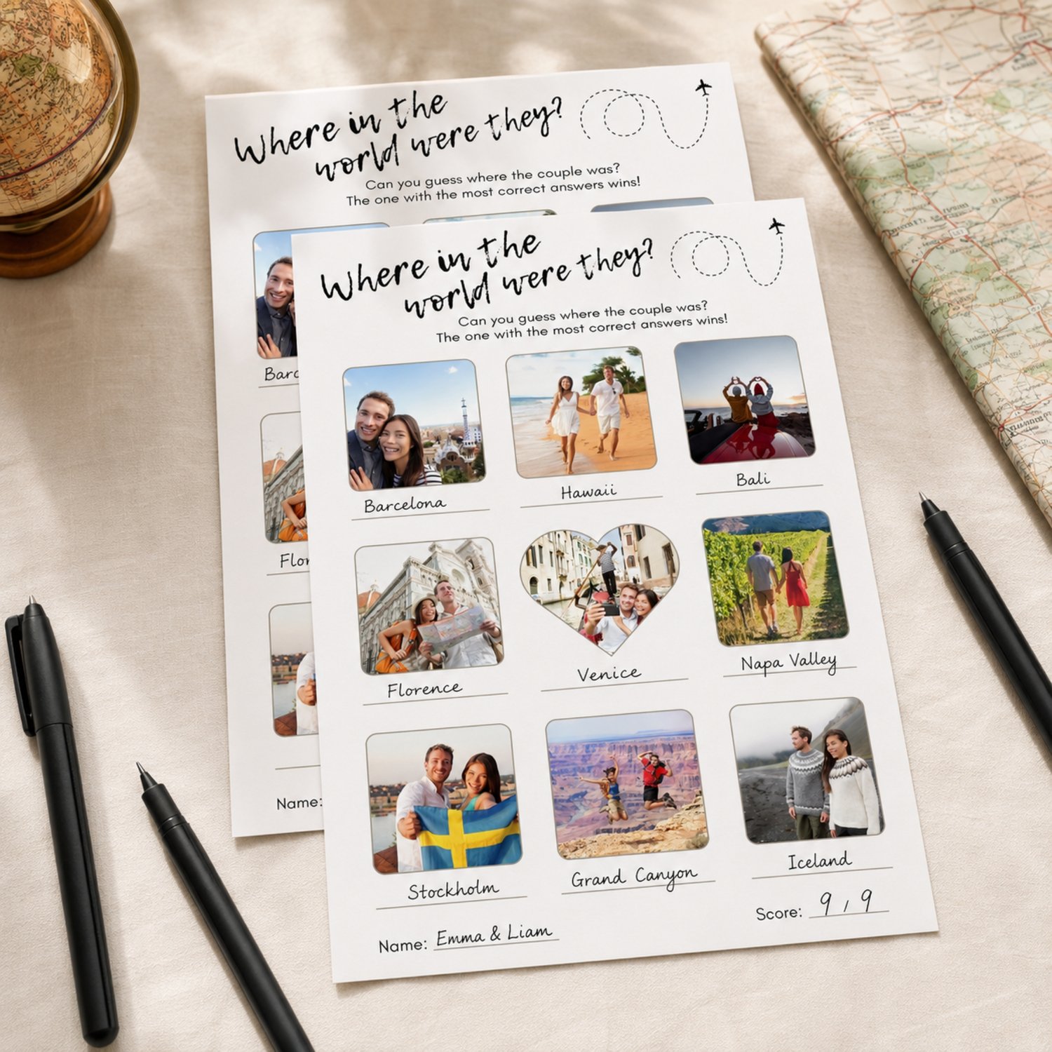 Editable 5 by 7 inch Where Were They couples game featuring nine travel photographs, answer lines, a world map background, airplane detail, and spaces for the guest’s name and score.