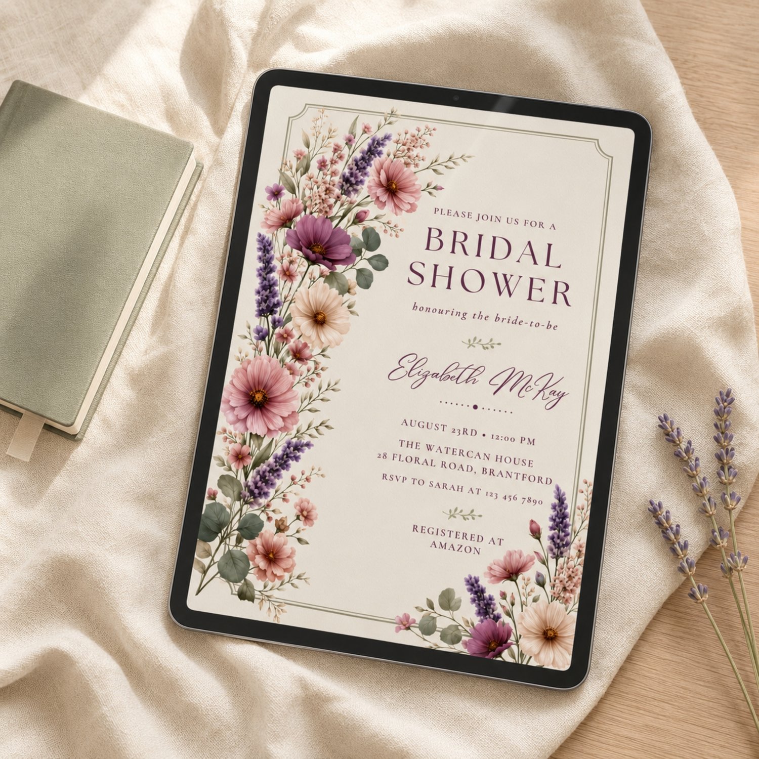 Purple Floral Bridal Shower Invitation, Edit in Canva Template