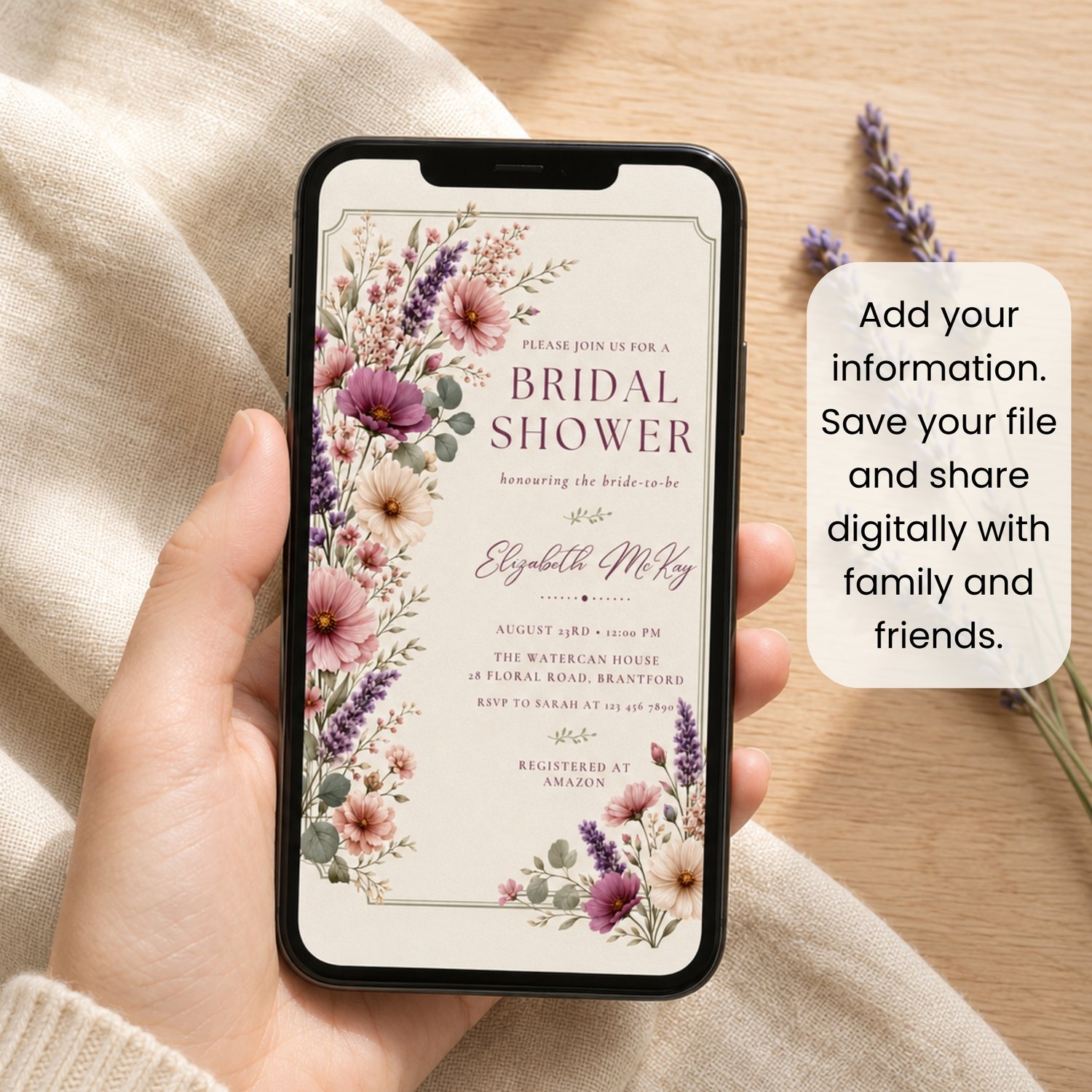 Purple Floral Bridal Shower Invitation, Edit in Canva Template