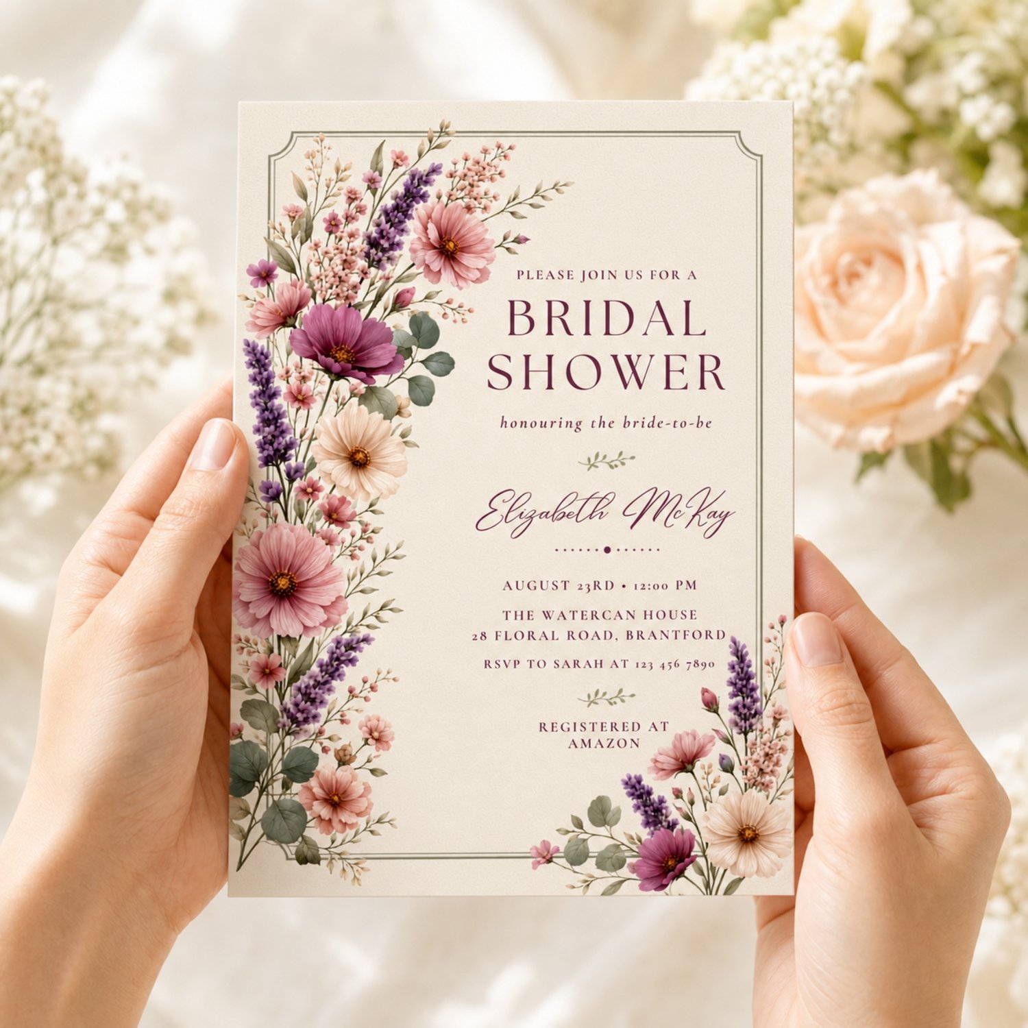 Purple Floral Bridal Shower Invitation, Edit in Canva Template