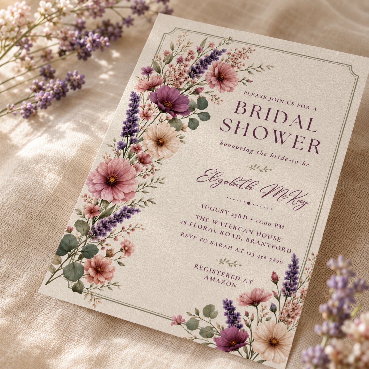 Purple Floral Bridal Shower Invitation, Edit in Canva Template