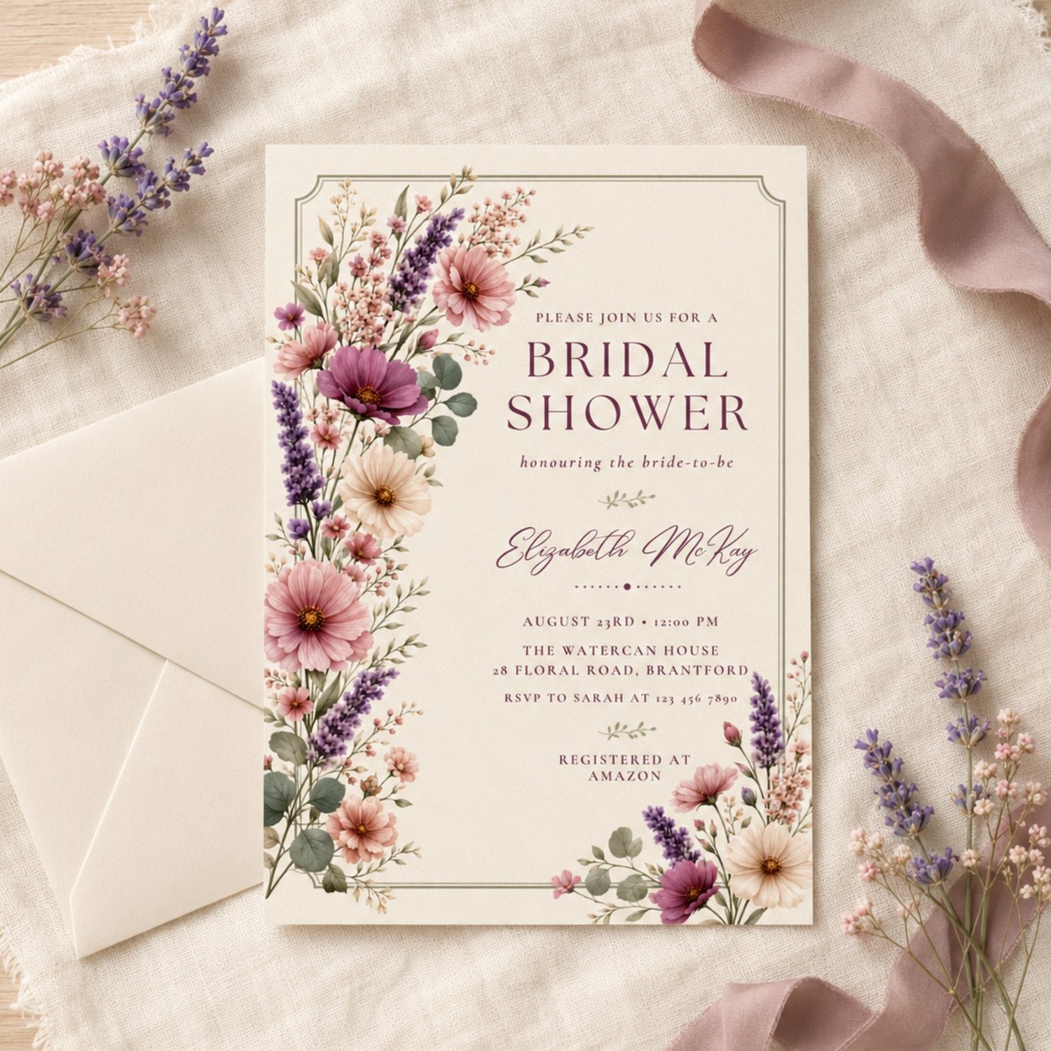 Purple Floral Bridal Shower Invitation, Edit in Canva Template