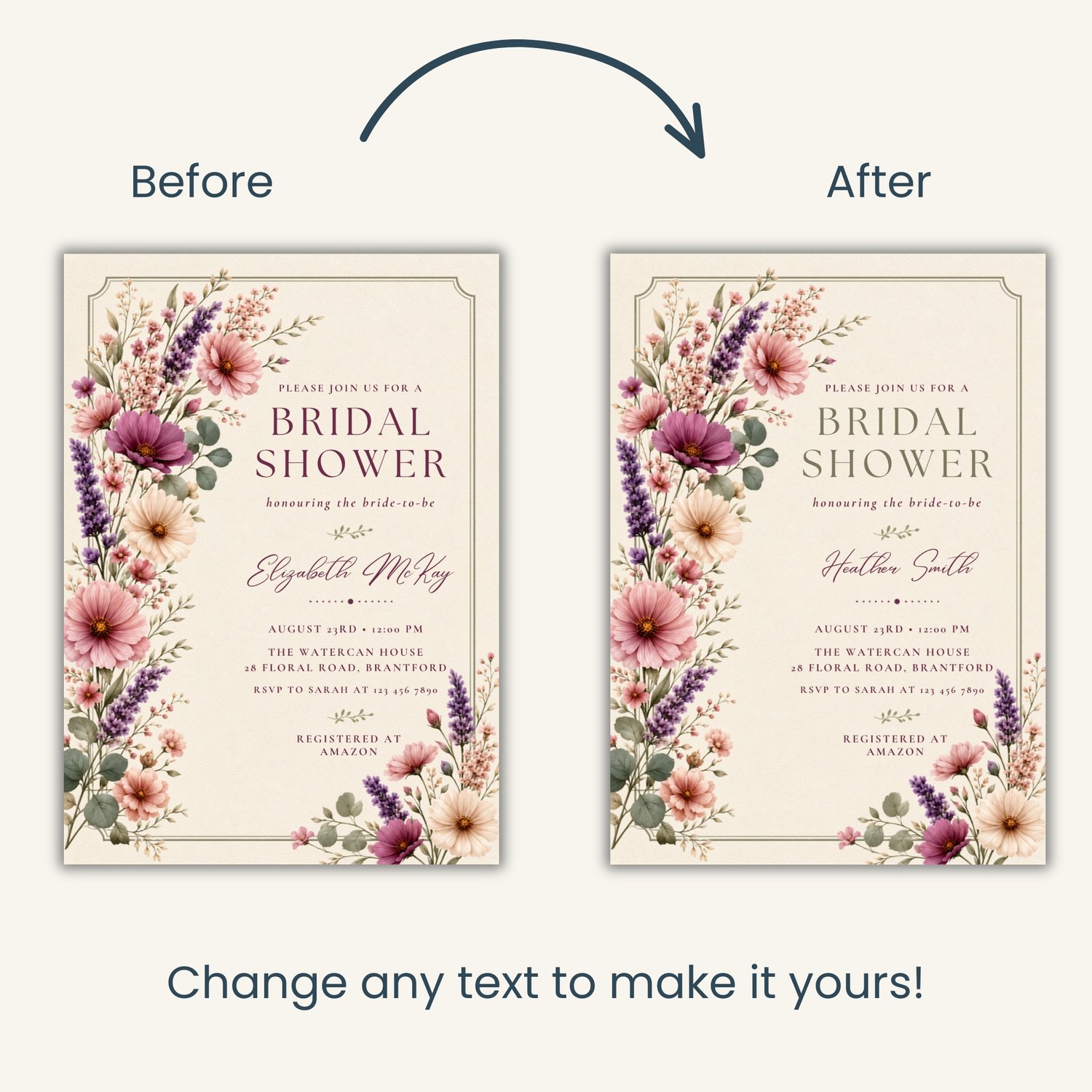Purple Floral Bridal Shower Invitation, Edit in Canva Template