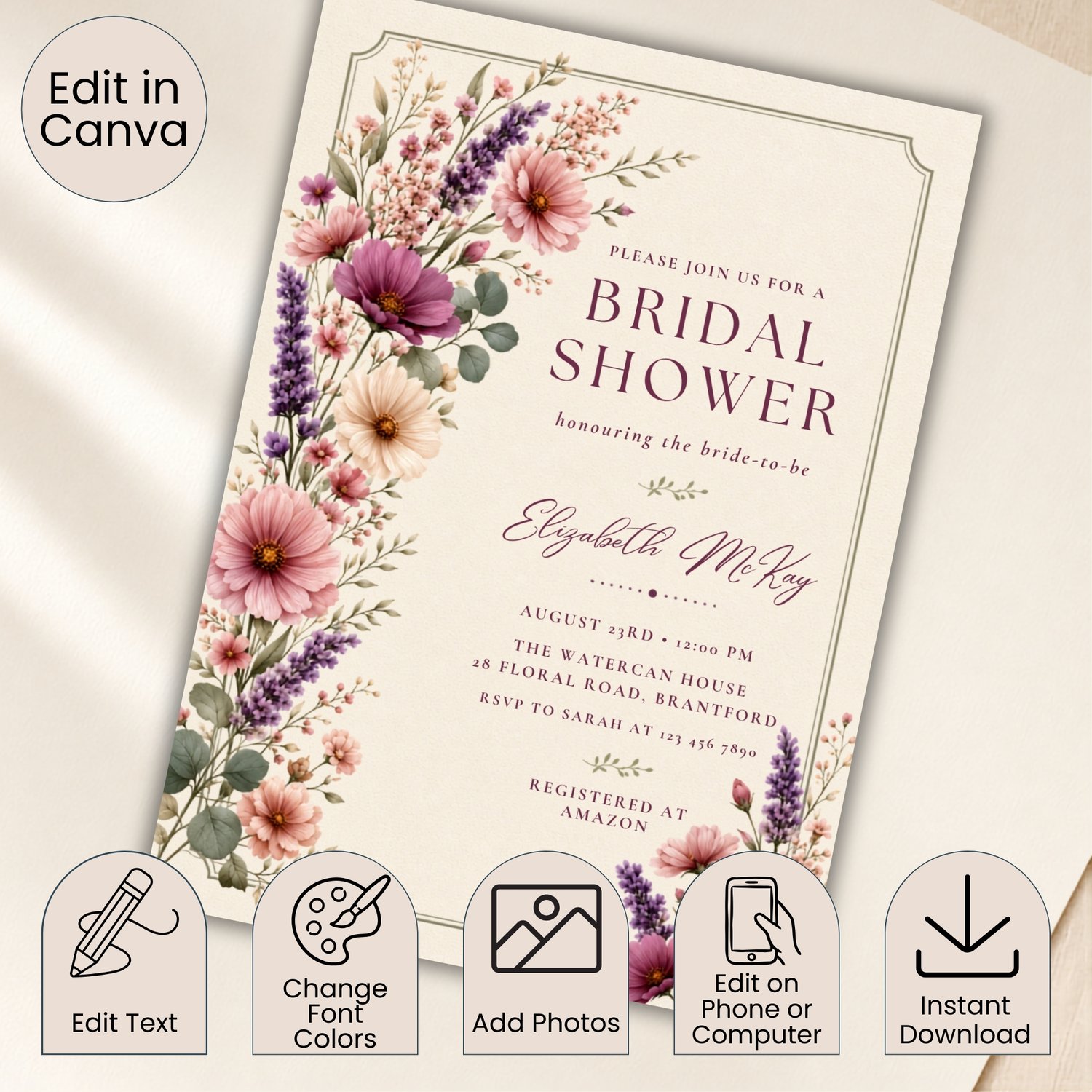 Purple Floral Bridal Shower Invitation, Edit in Canva Template
