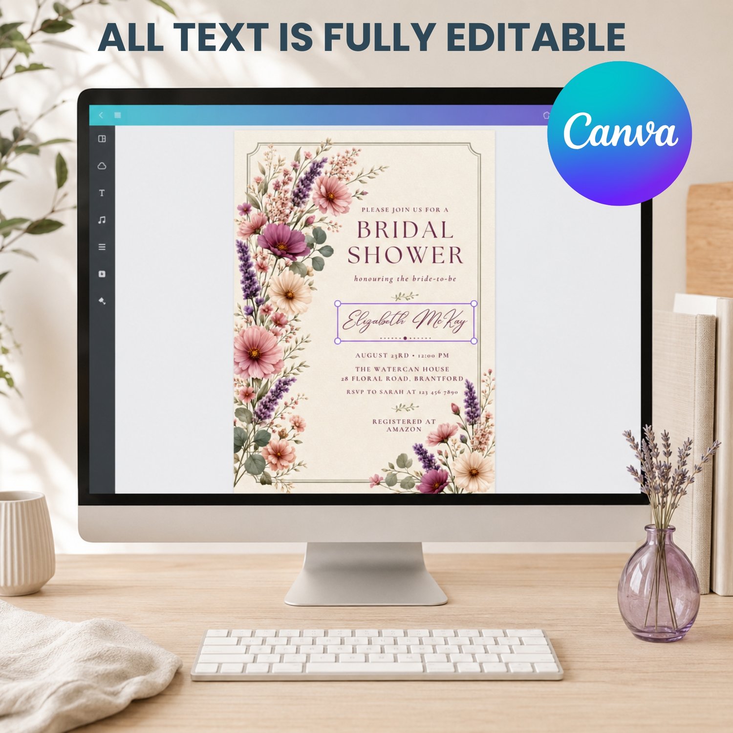 Purple Floral Bridal Shower Invitation, Edit in Canva Template