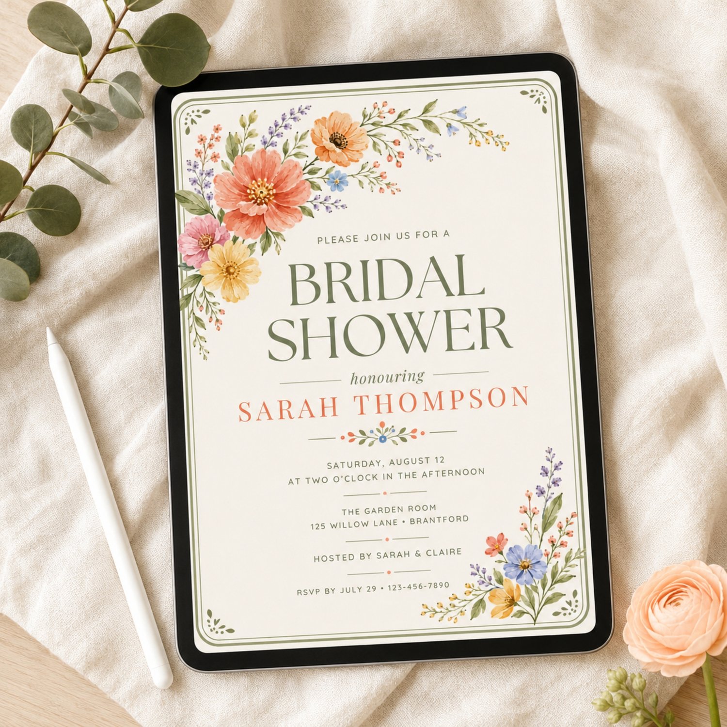 A bridal shower invitation template featuring watercolor floral illustrations in shades of pink, orange, and yellow. Edit in Canva