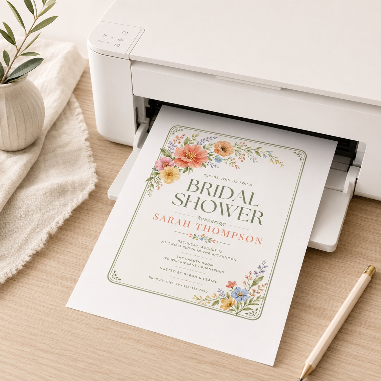 A bridal shower invitation template featuring watercolor floral illustrations in shades of pink, orange, and yellow. Edit in Canva