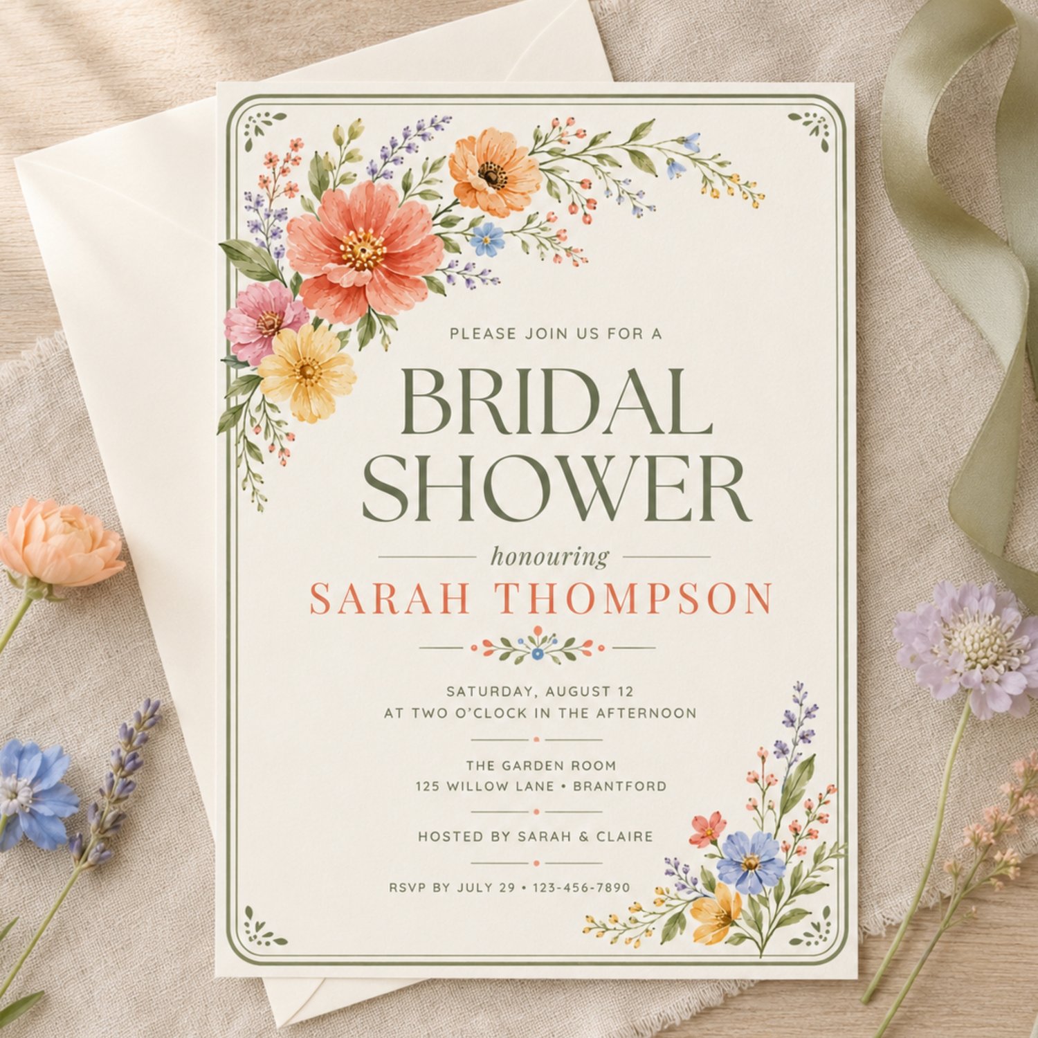 A bridal shower invitation template featuring watercolor floral illustrations in shades of pink, orange, and yellow. Edit in Canva