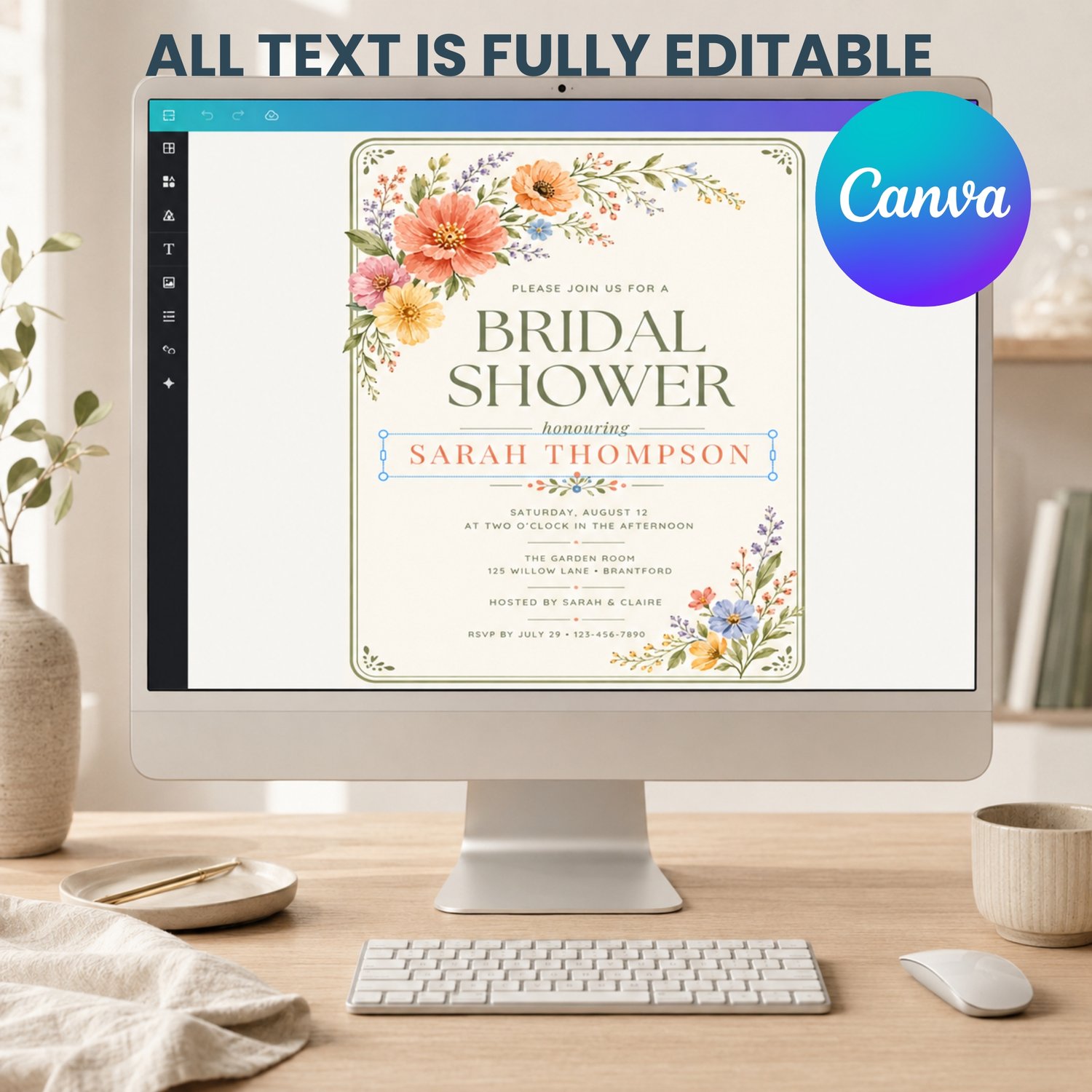 A bridal shower invitation template featuring watercolor floral illustrations in shades of pink, orange, and yellow. Edit in Canva