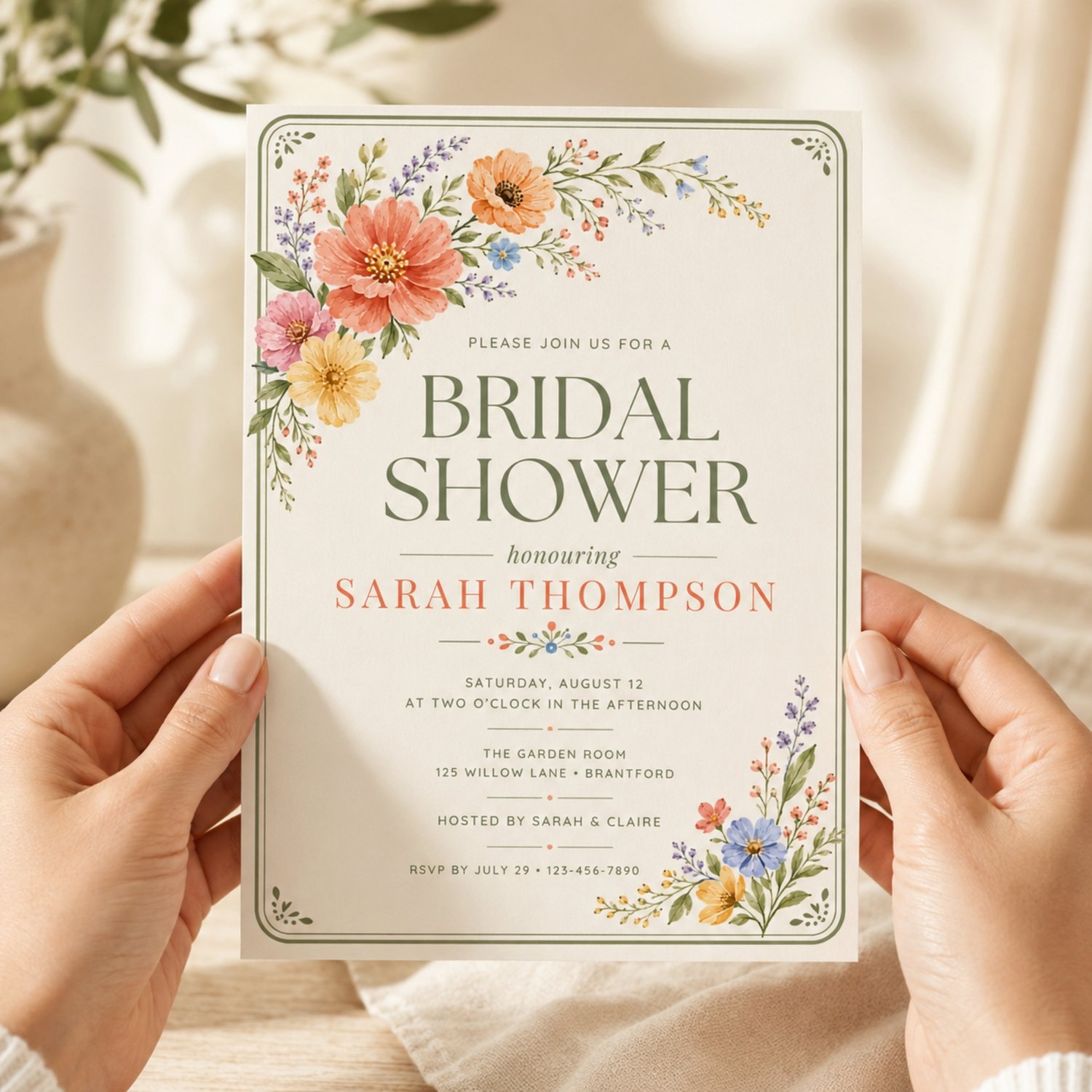 A bridal shower invitation template featuring watercolor floral illustrations in shades of pink, orange, and yellow. Edit in Canva