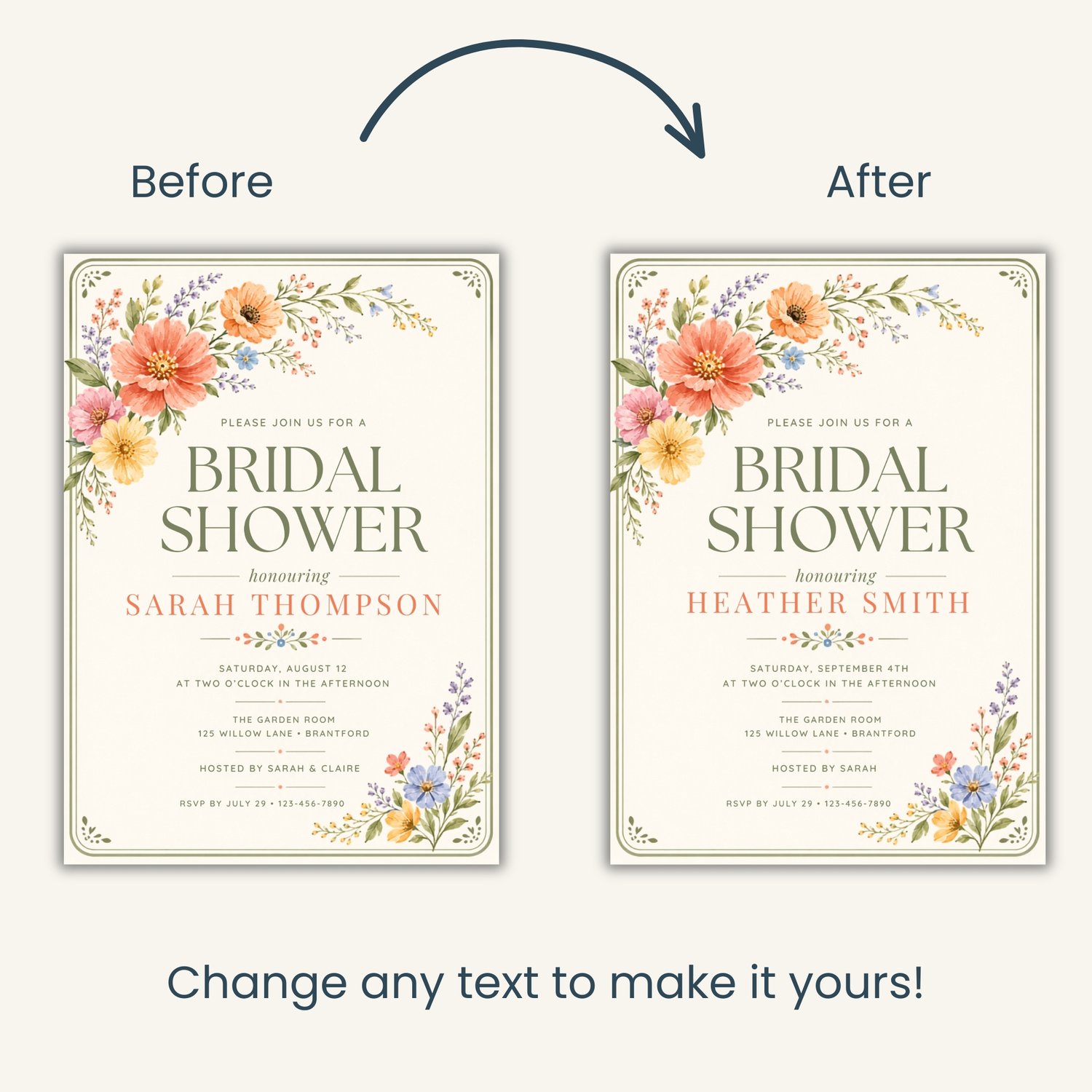 A bridal shower invitation template featuring watercolor floral illustrations in shades of pink, orange, and yellow. Edit in Canva