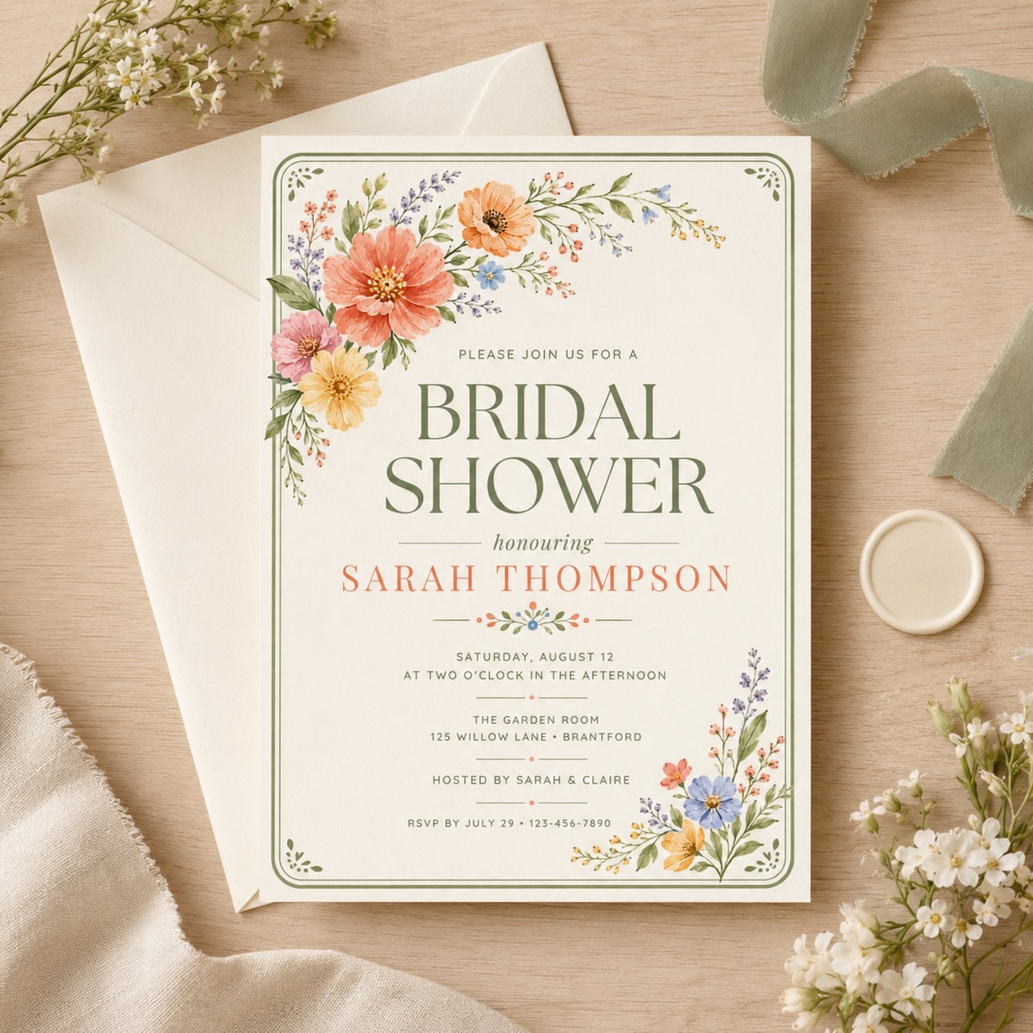 A bridal shower invitation template featuring watercolor floral illustrations in shades of pink, orange, and yellow. Edit in Canva