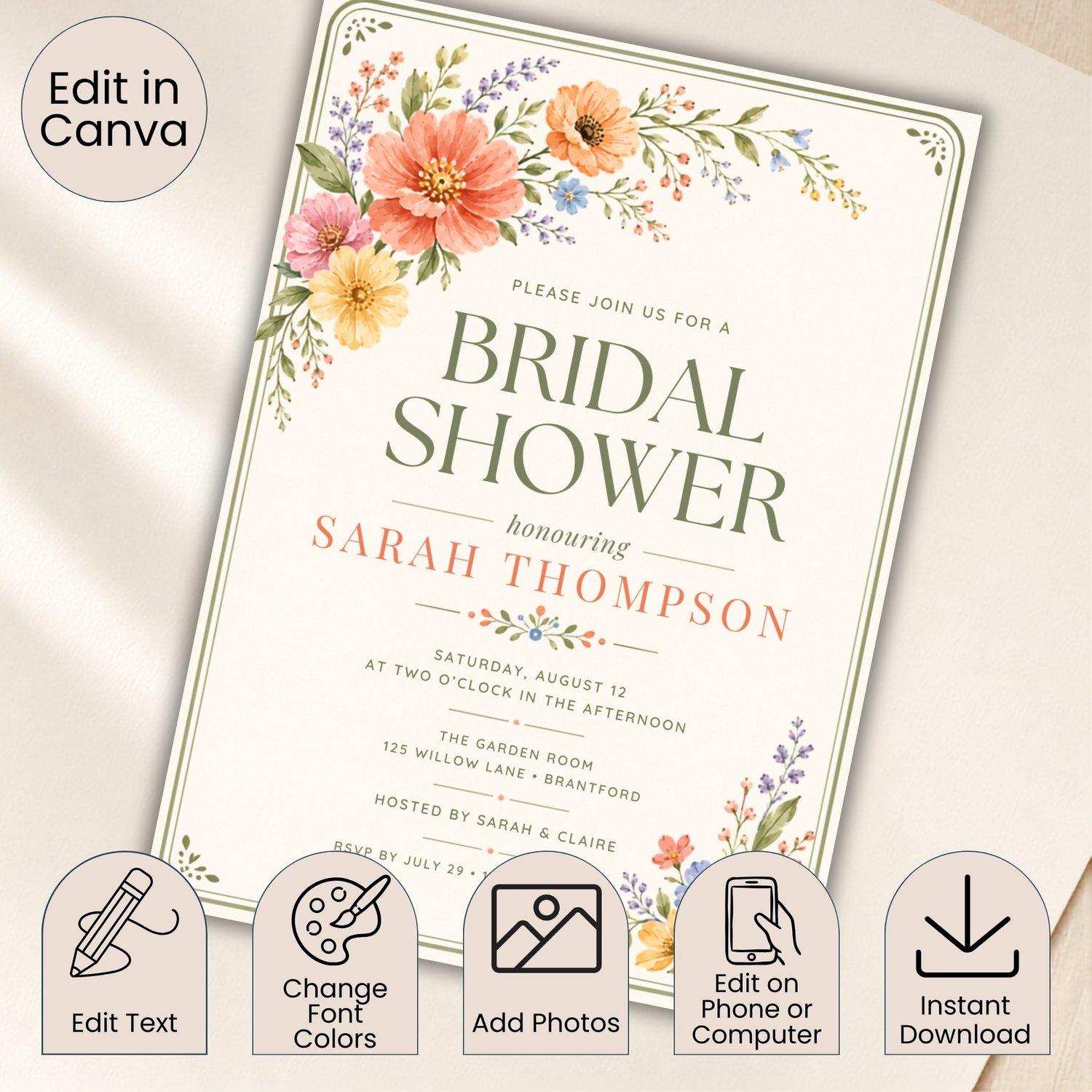 A bridal shower invitation template featuring watercolor floral illustrations in shades of pink, orange, and yellow. Edit in Canva