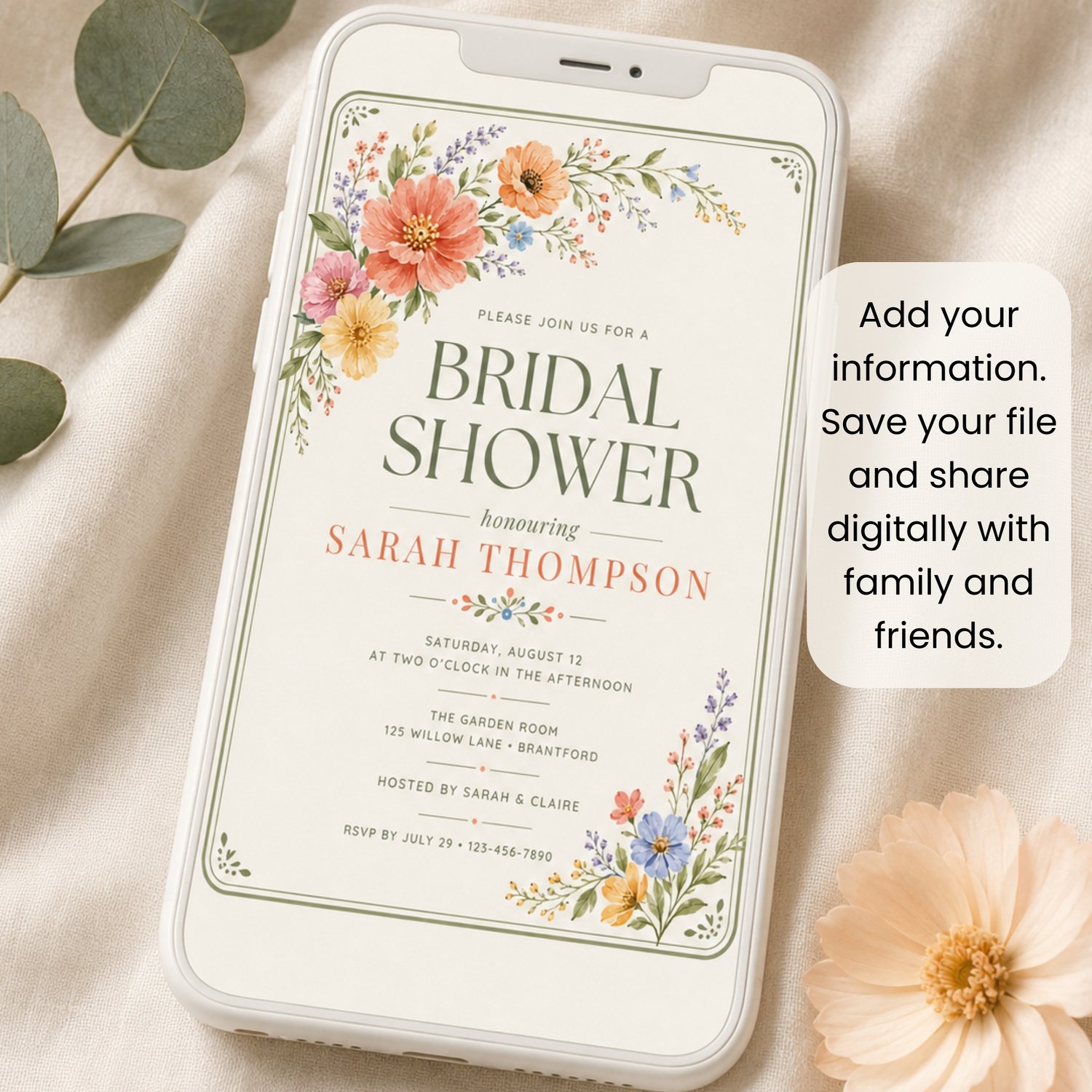 A bridal shower invitation template featuring watercolor floral illustrations in shades of pink, orange, and yellow. Edit in Canva