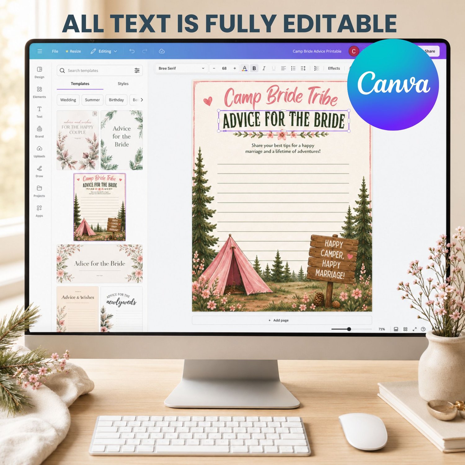 Camp Bride Bachelorette game bundle, card featuring pink text, pine trees, a pink tent, a campfire. Edit in Canva