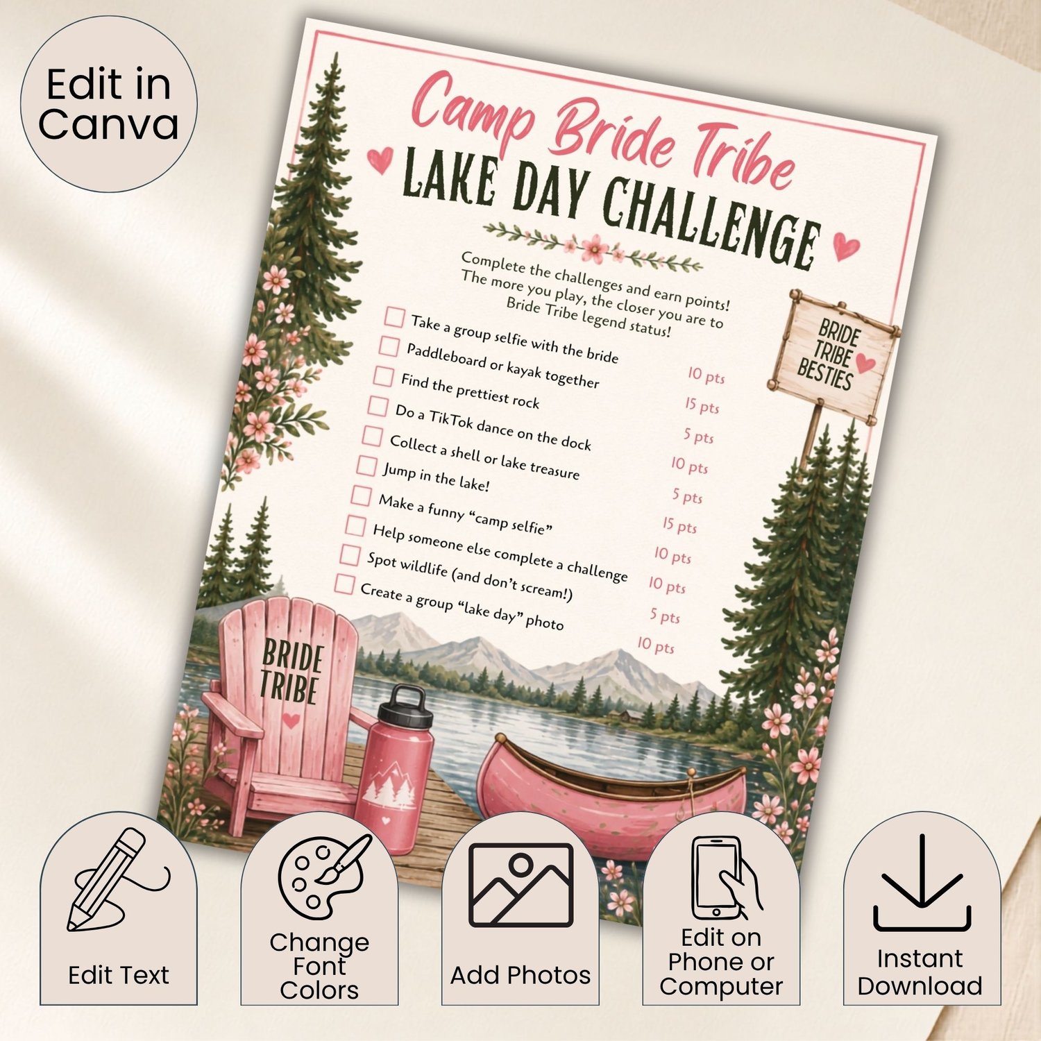 Camp Bride Bachelorette game bundle, card featuring pink text, pine trees, a pink tent, a campfire. Edit in Canva