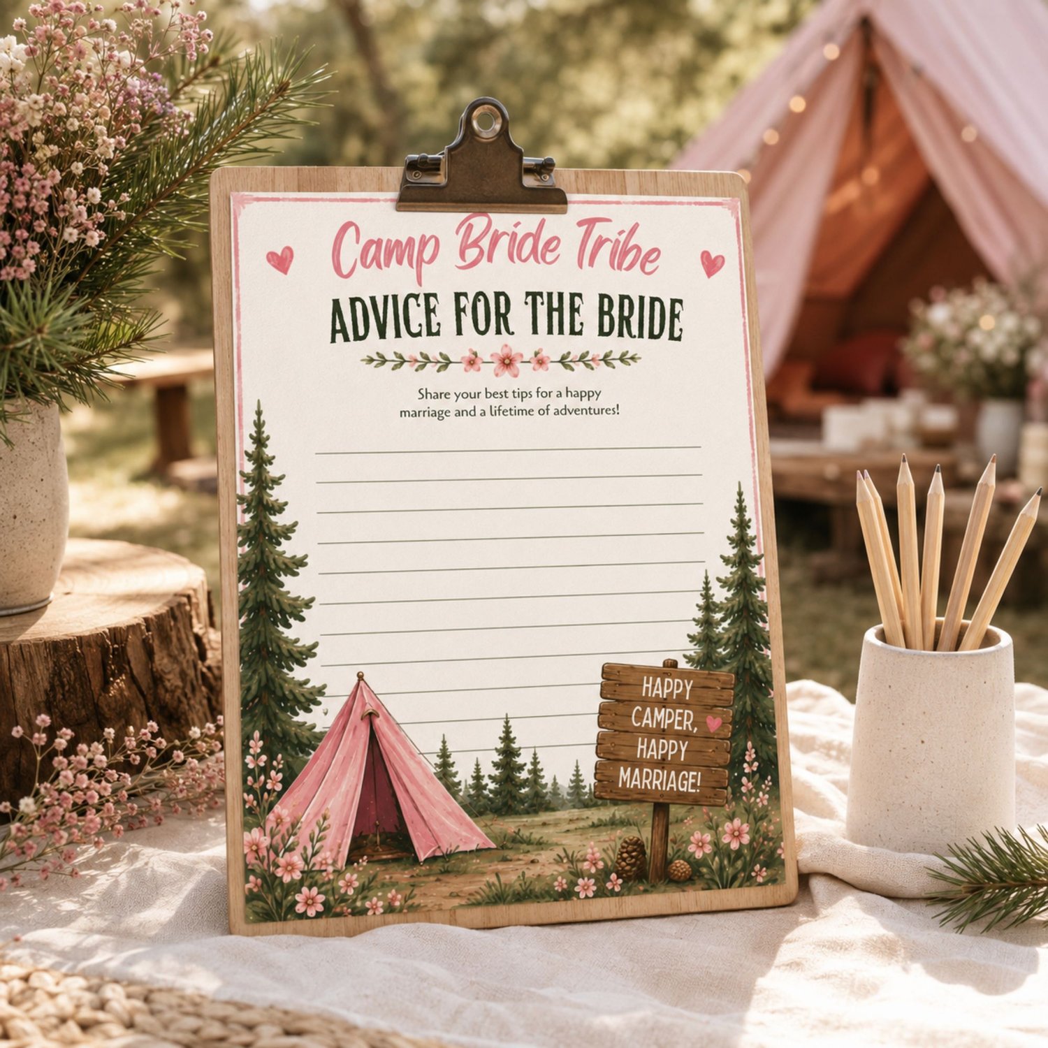 Camp Bride Bachelorette game bundle, card featuring pink text, pine trees, a pink tent, a campfire. Edit in Canva