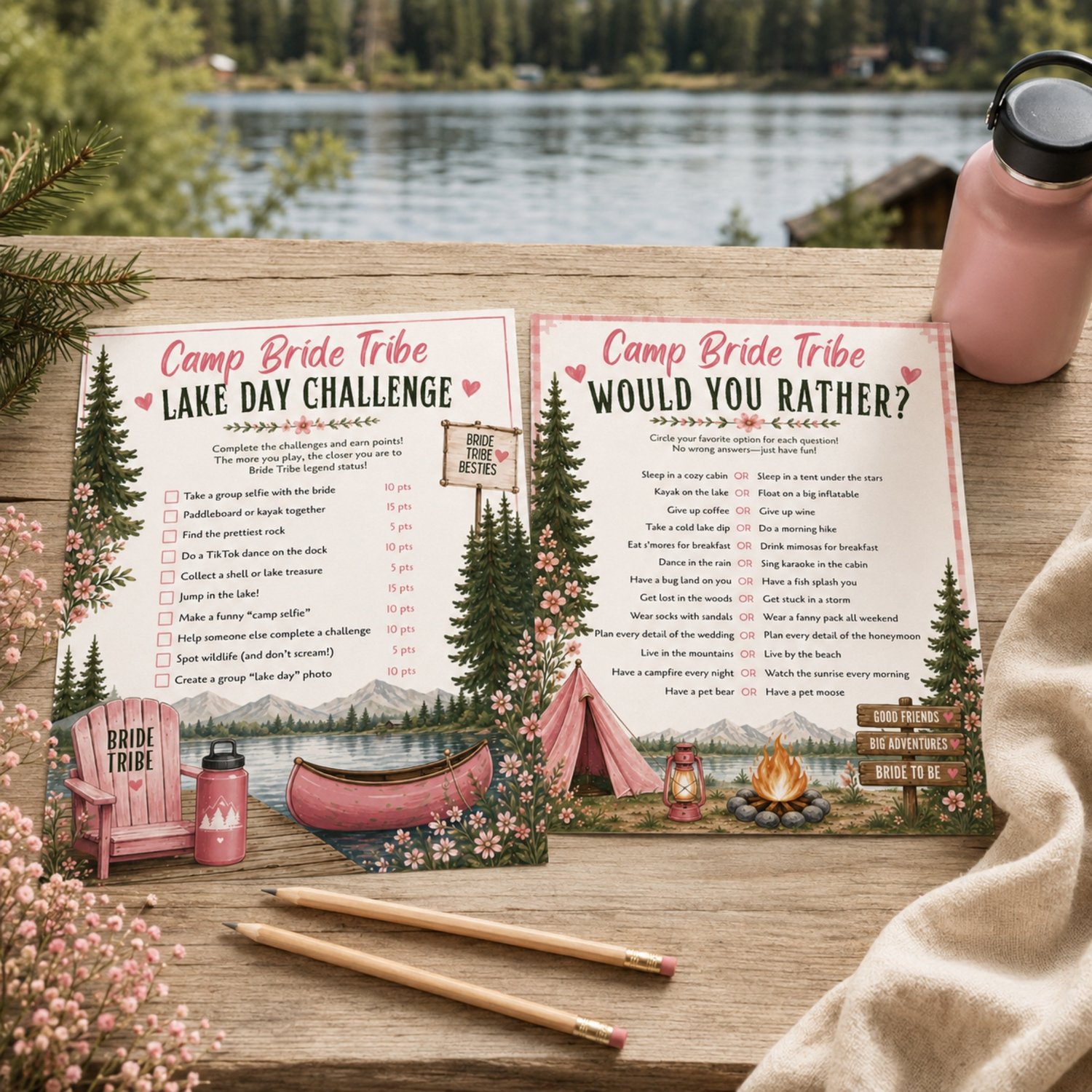 Camp Bride Bachelorette game bundle, card featuring pink text, pine trees, a pink tent, a campfire. Edit in Canva