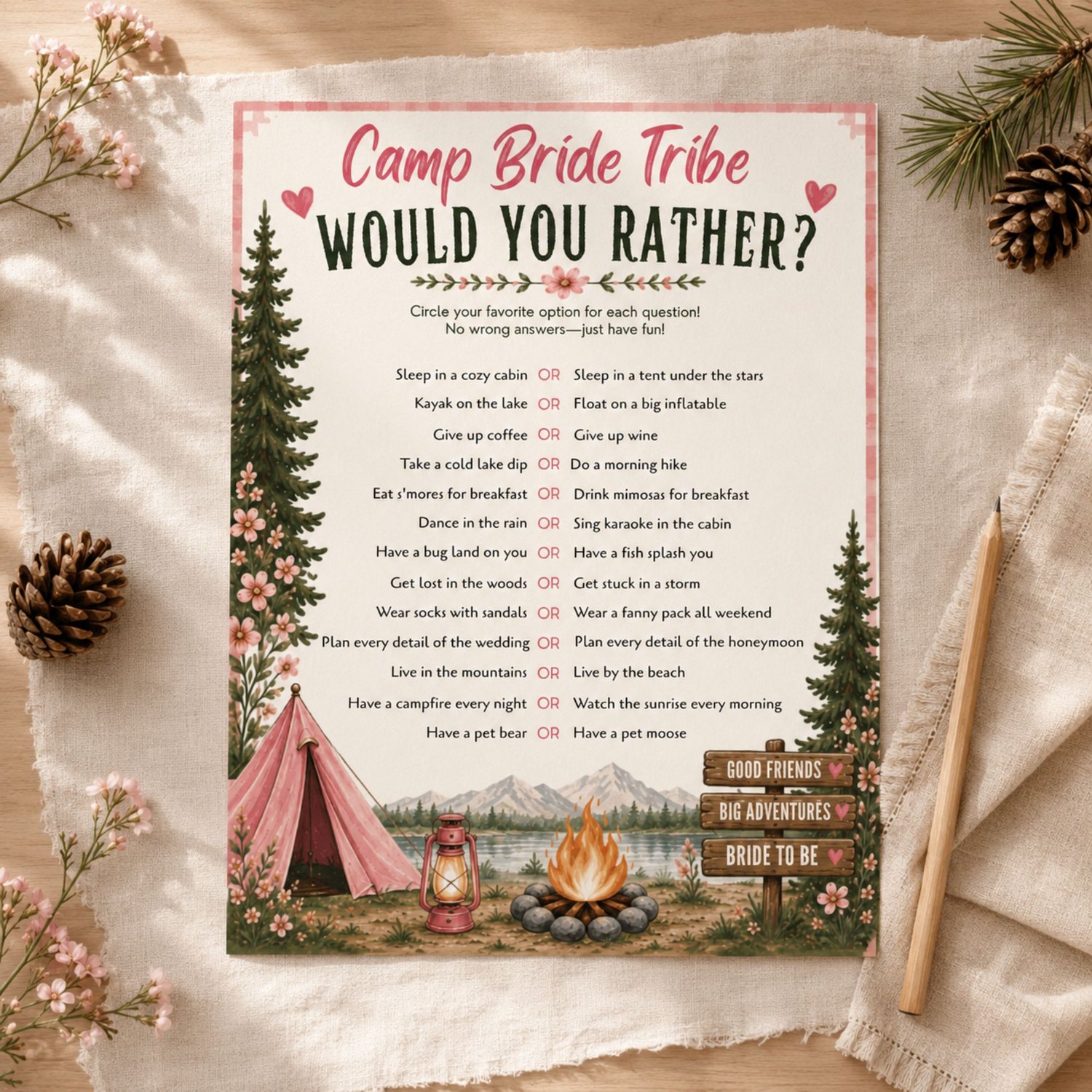 Camp Bride Bachelorette game bundle, card featuring pink text, pine trees, a pink tent, a campfire. Edit in Canva