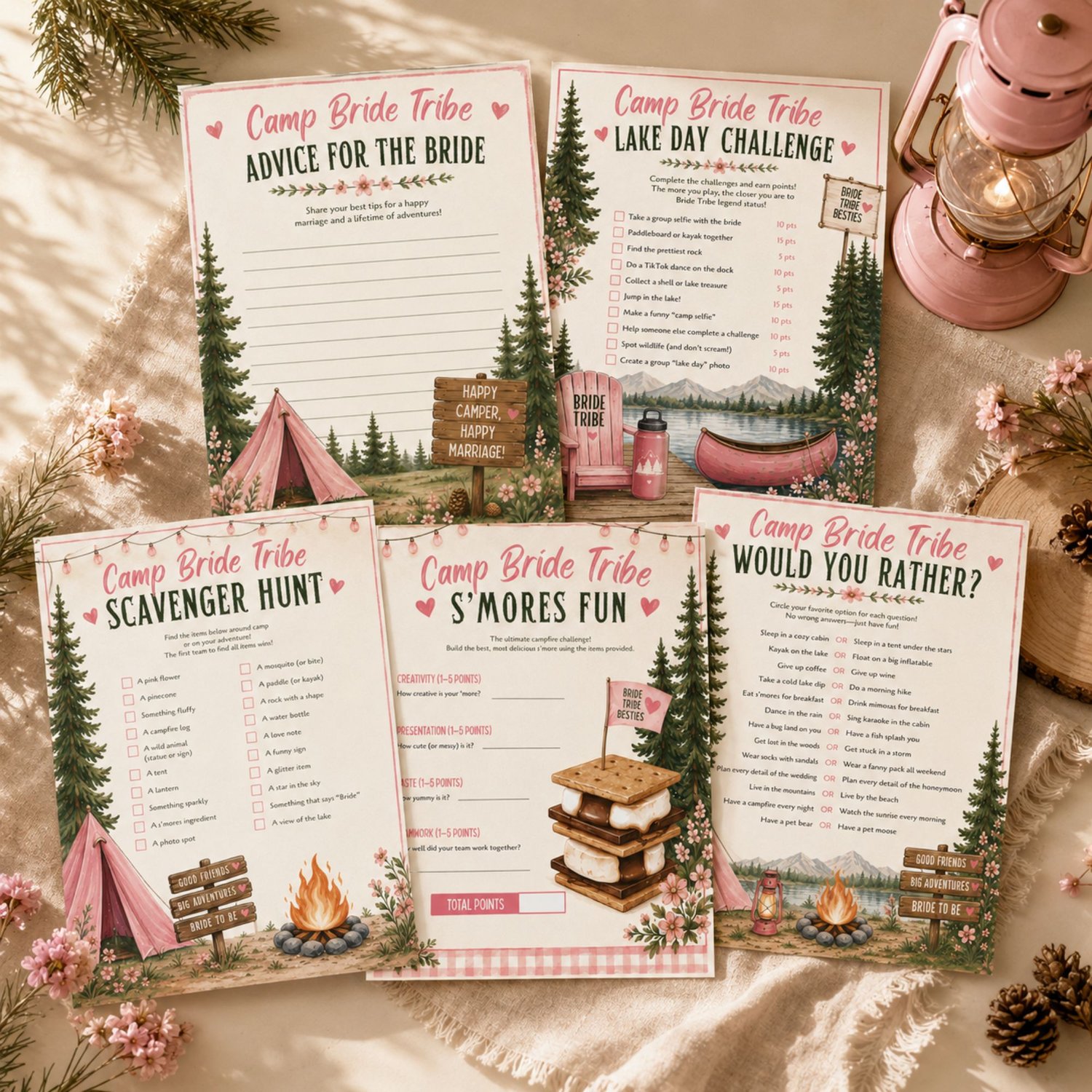 Camp Bride Bachelorette game bundle, card featuring pink text, pine trees, a pink tent, a campfire. Edit in Canva