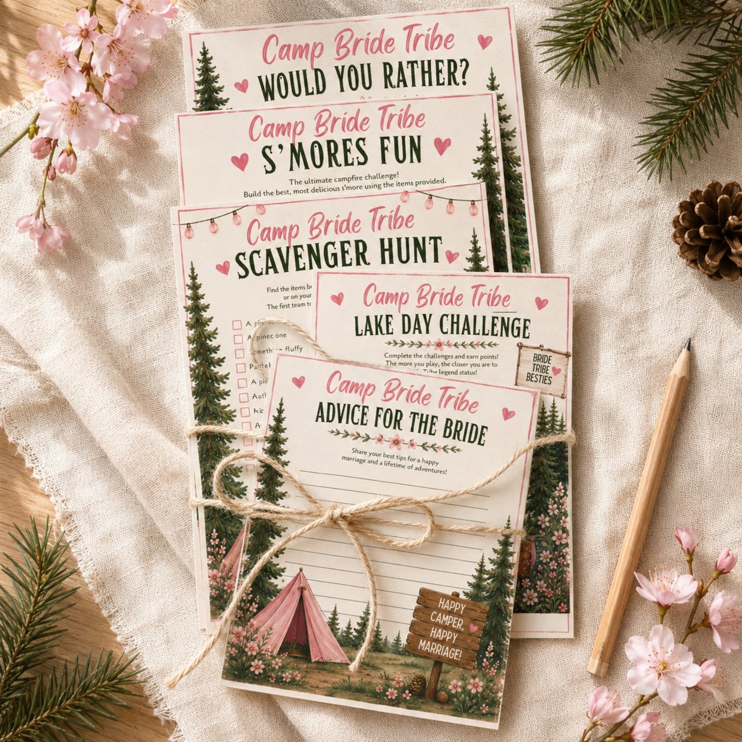Camp Bride Bachelorette game bundle, card featuring pink text, pine trees, a pink tent, a campfire. Edit in Canva