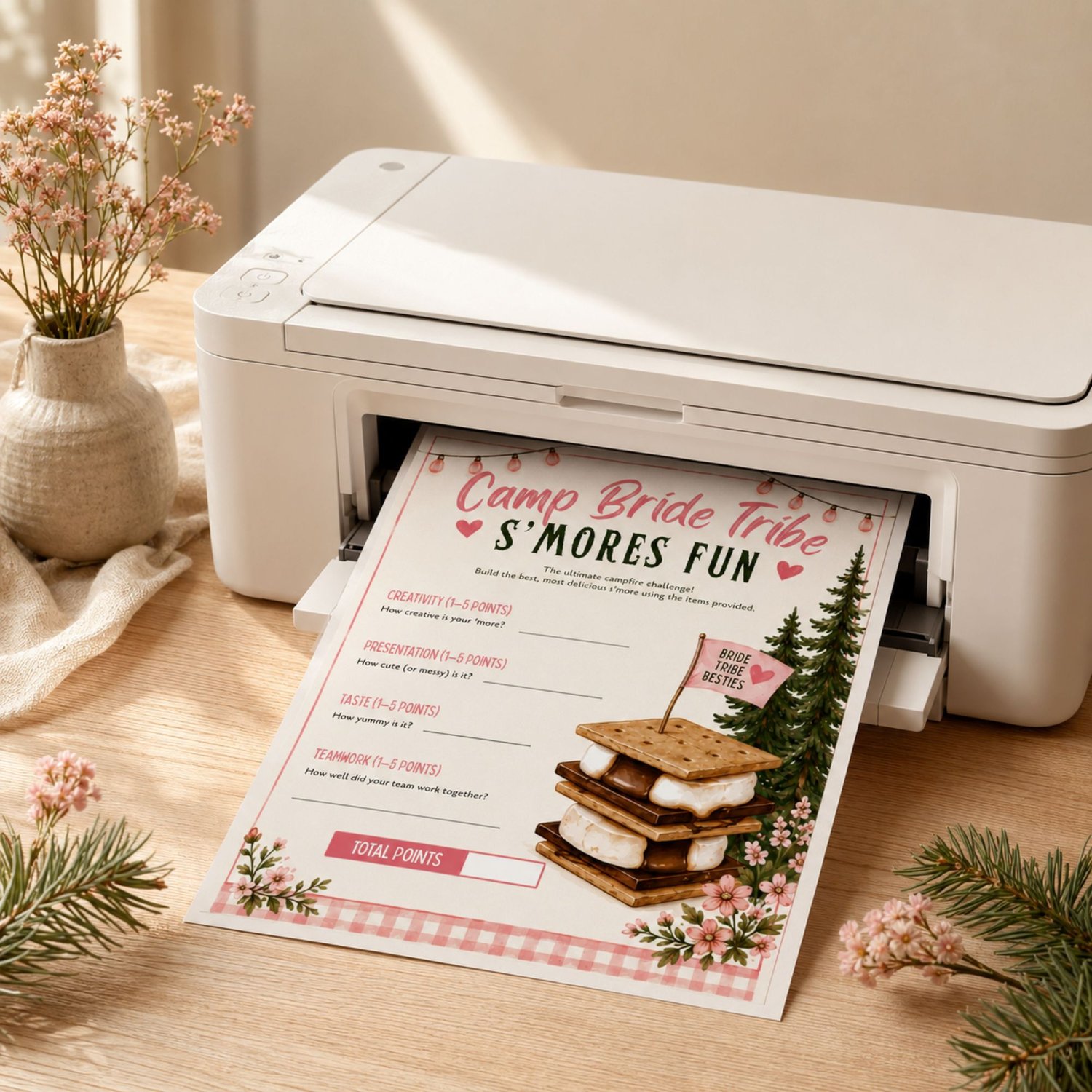 Camp Bride Bachelorette game bundle, card featuring pink text, pine trees, a pink tent, a campfire. Edit in Canva
