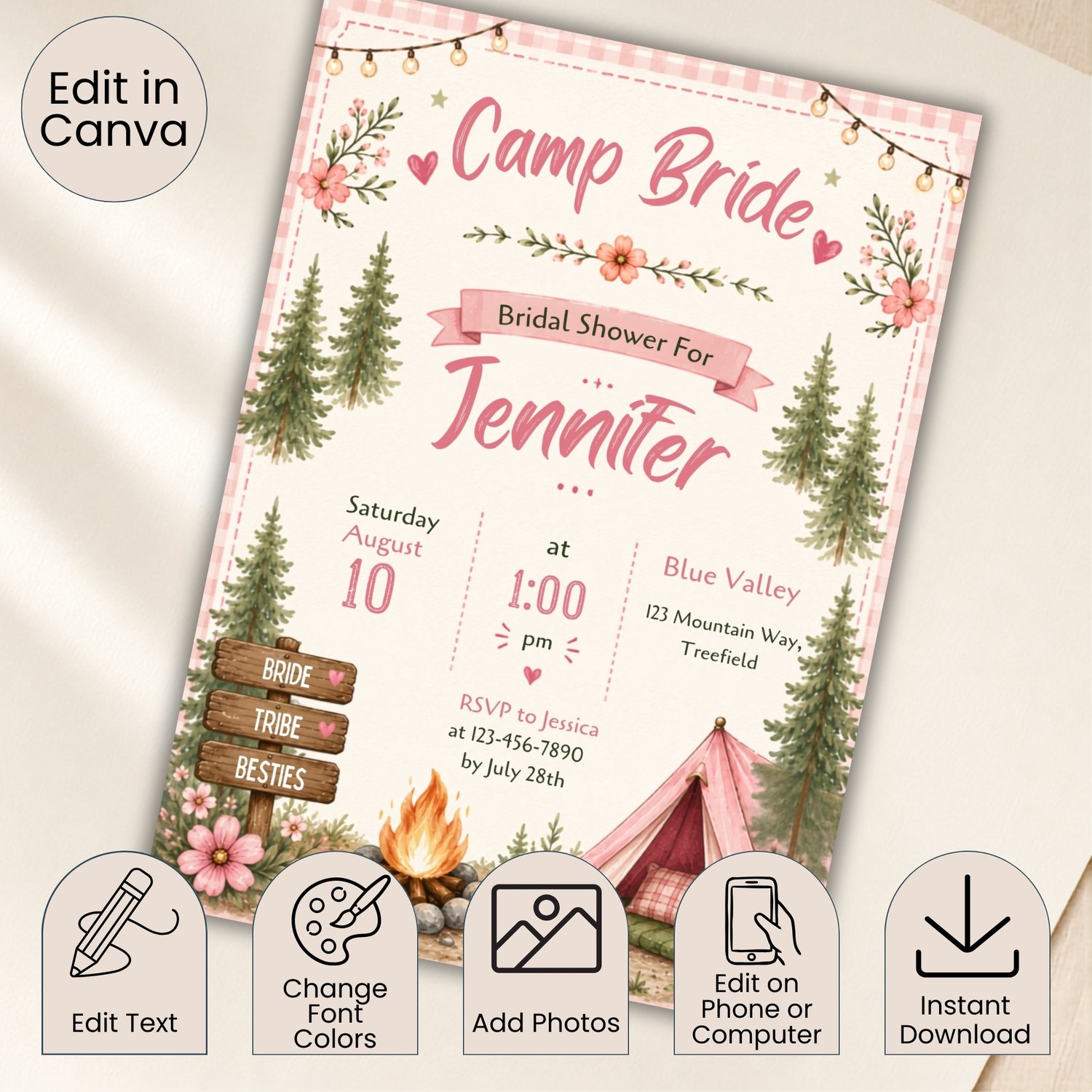 A rectangular bridal shower invitation with a pink gingham border, featuring the text Camp Bride, Bridal Shower. The design includes illustrations of pine trees, a campfire, a pink tent, and string lights. Edit in Canva.
