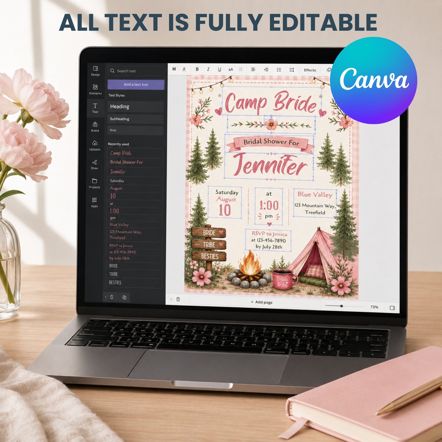 A rectangular bridal shower invitation with a pink gingham border, featuring the text Camp Bride, Bridal Shower. The design includes illustrations of pine trees, a campfire, a pink tent, and string lights. Edit in Canva.