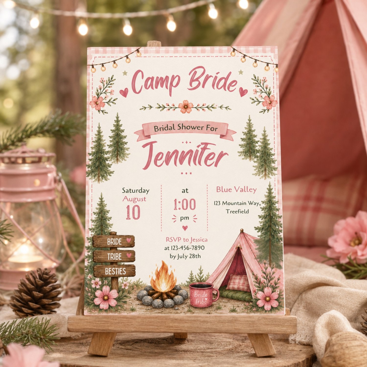 A rectangular bridal shower invitation with a pink gingham border, featuring the text Camp Bride, Bridal Shower. The design includes illustrations of pine trees, a campfire, a pink tent, and string lights. Edit in Canva.