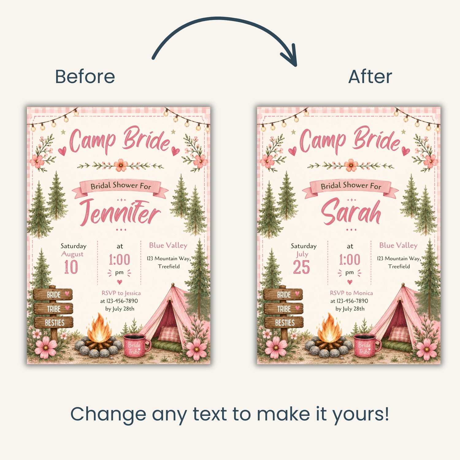 A rectangular bridal shower invitation with a pink gingham border, featuring the text Camp Bride, Bridal Shower. The design includes illustrations of pine trees, a campfire, a pink tent, and string lights. Edit in Canva.