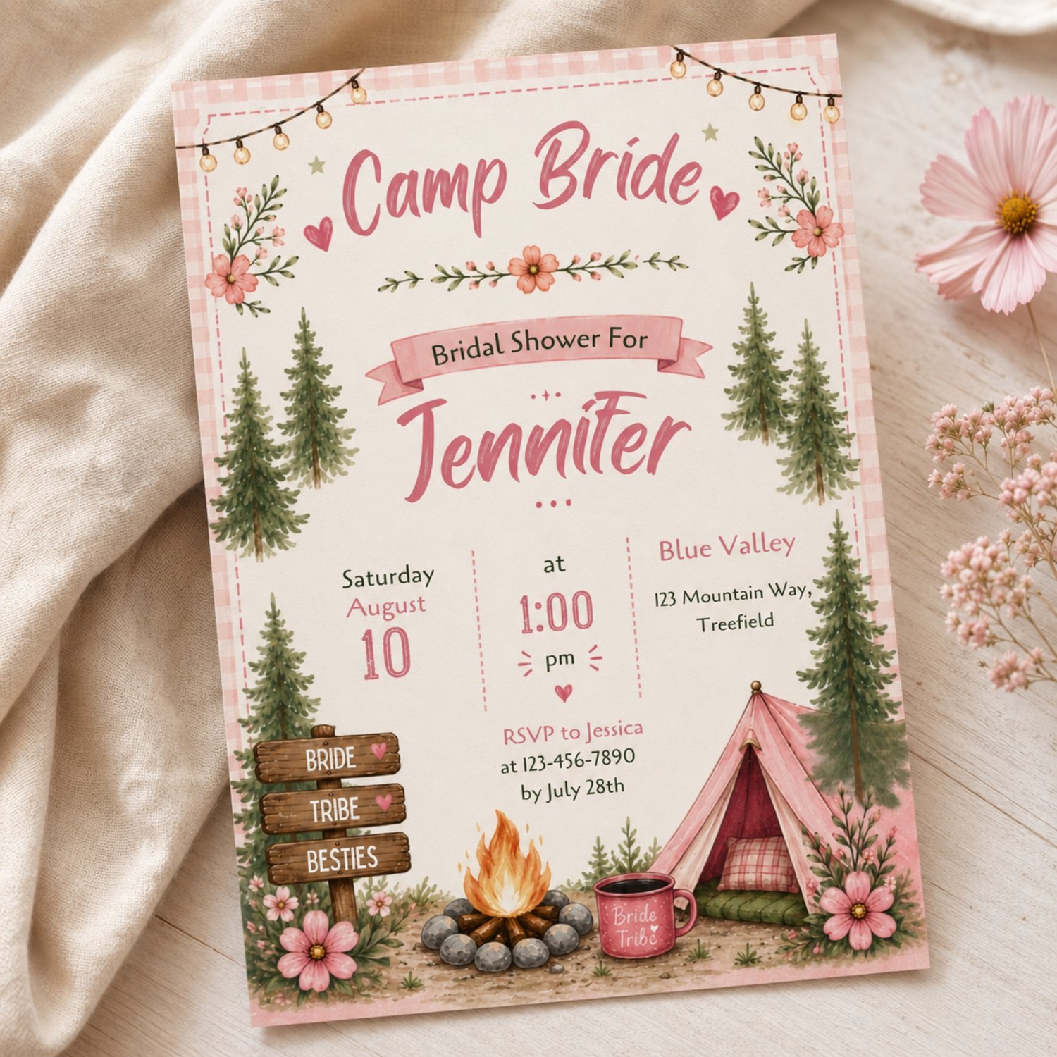 A rectangular bridal shower invitation with a pink gingham border, featuring the text Camp Bride, Bridal Shower. The design includes illustrations of pine trees, a campfire, a pink tent, and string lights. Edit in Canva.