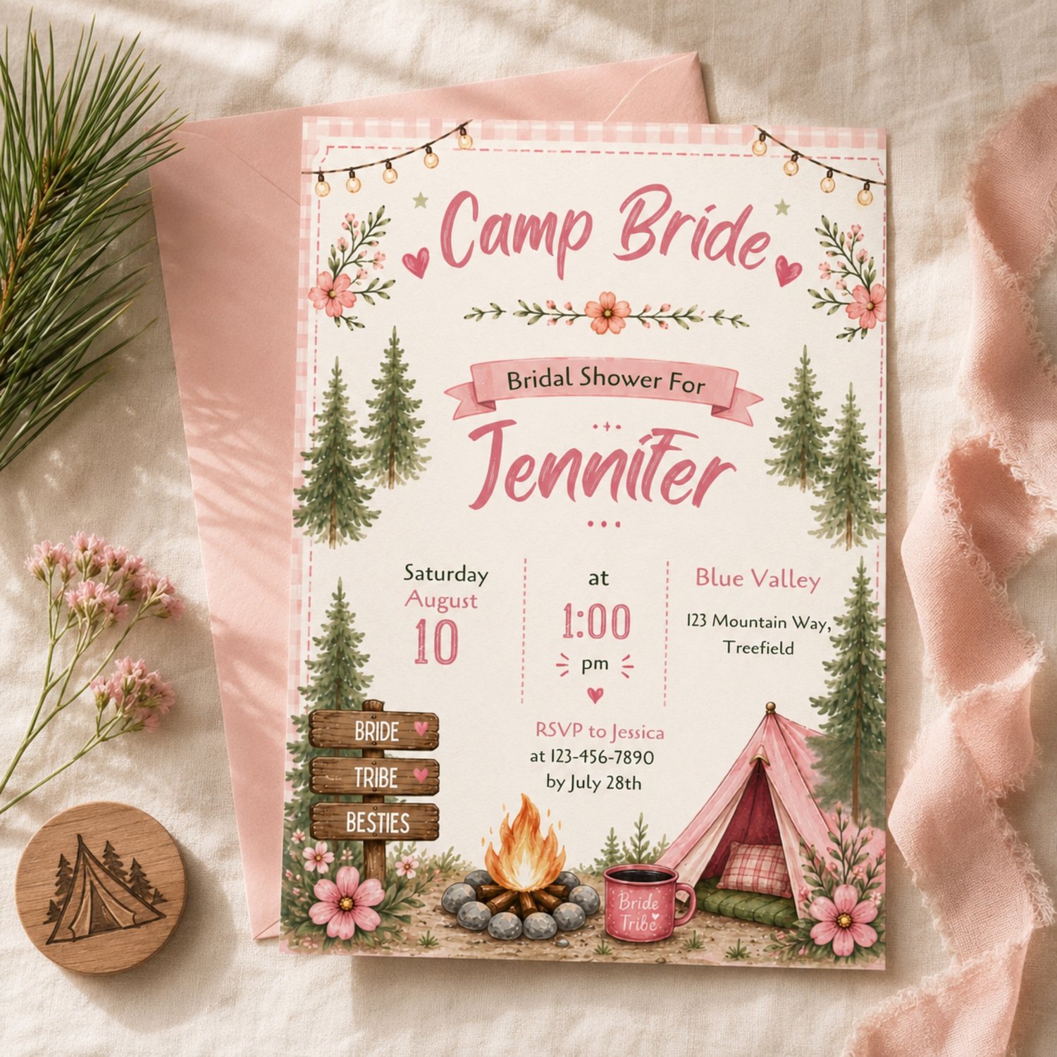 A rectangular bridal shower invitation with a pink gingham border, featuring the text Camp Bride, Bridal Shower. The design includes illustrations of pine trees, a campfire, a pink tent, and string lights. Edit in Canva.