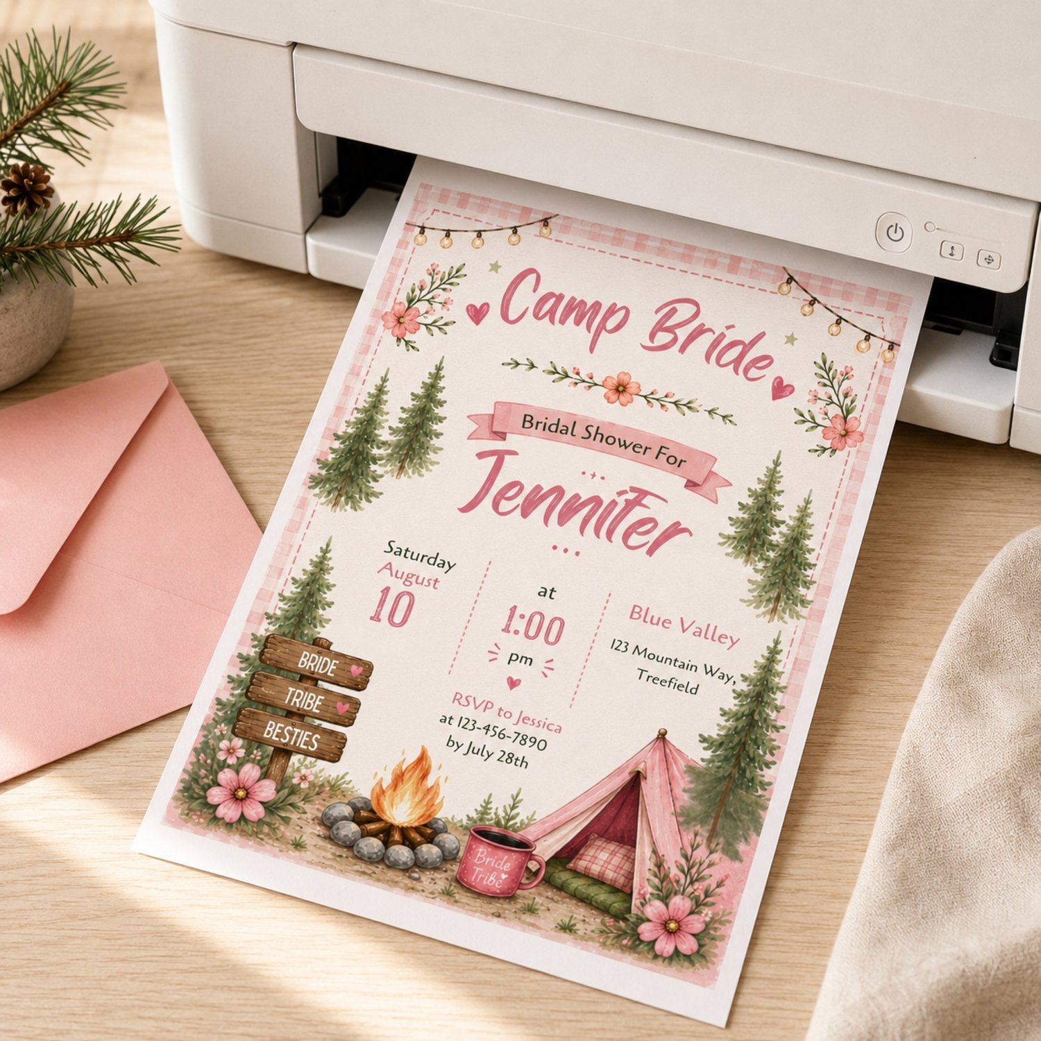 A rectangular bridal shower invitation with a pink gingham border, featuring the text Camp Bride, Bridal Shower. The design includes illustrations of pine trees, a campfire, a pink tent, and string lights. Edit in Canva.