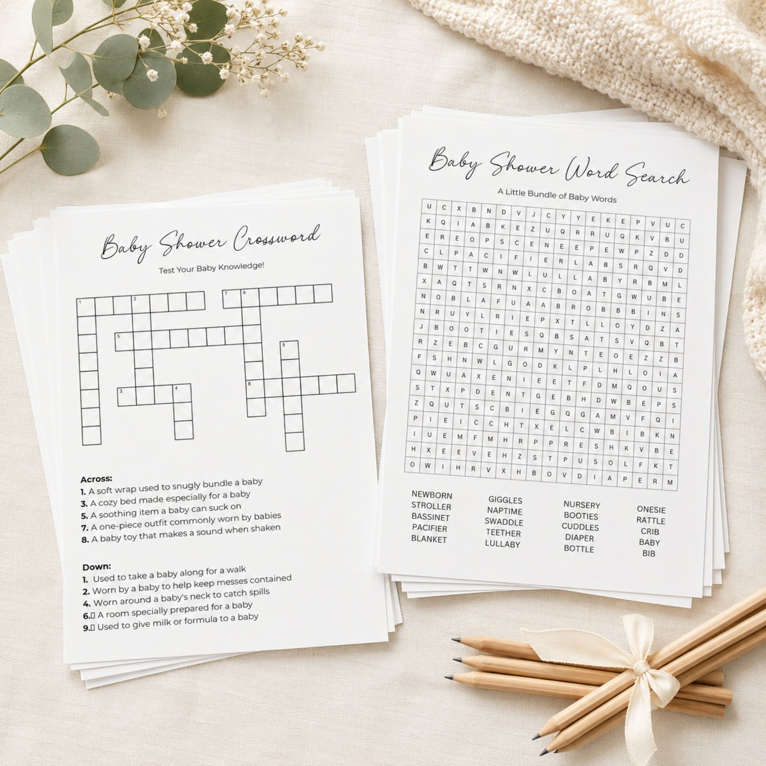 Printable baby shower game bundle featuring a Baby Shower Word Search with 20 baby-related words and a Baby Shower Crossword Puzzle with answer keys, formatted as four black-and-white US Letter pages.