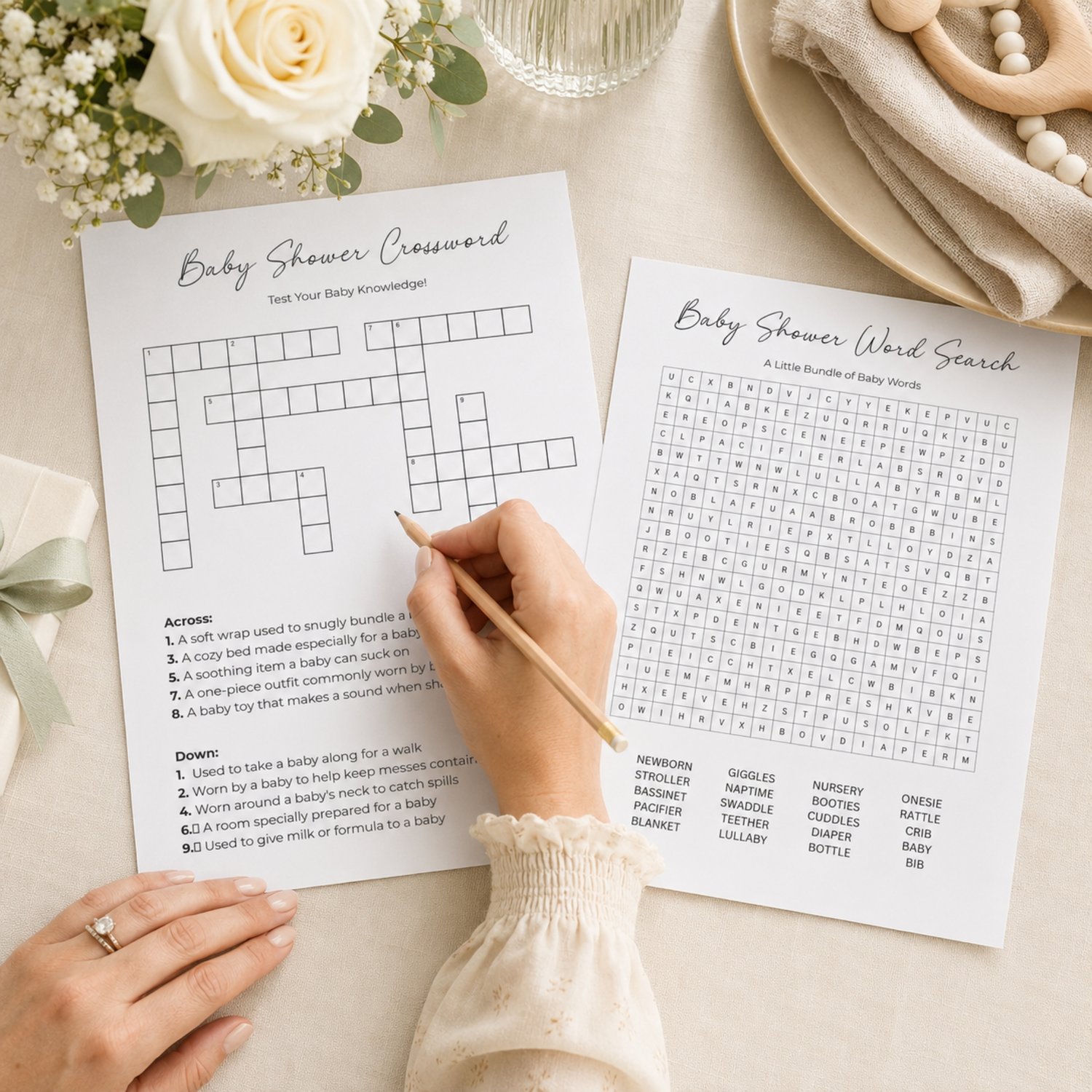 Printable baby shower game bundle featuring a Baby Shower Word Search with 20 baby-related words and a Baby Shower Crossword Puzzle with answer keys, formatted as four black-and-white US Letter pages.
