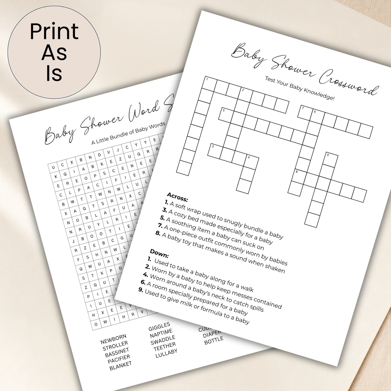 Printable baby shower game bundle featuring a Baby Shower Word Search with 20 baby-related words and a Baby Shower Crossword Puzzle with answer keys, formatted as four black-and-white US Letter pages.