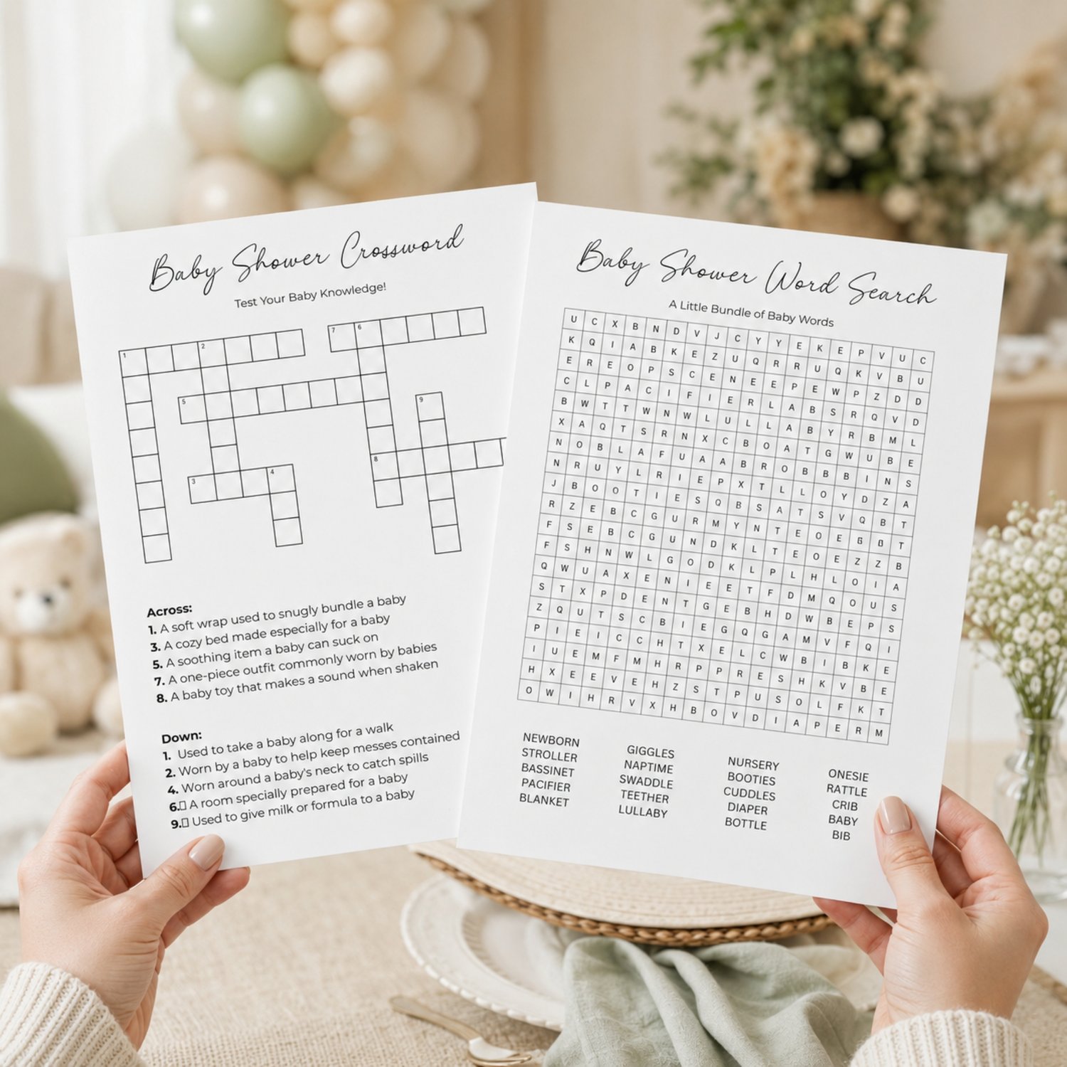 Printable baby shower game bundle featuring a Baby Shower Word Search with 20 baby-related words and a Baby Shower Crossword Puzzle with answer keys, formatted as four black-and-white US Letter pages.