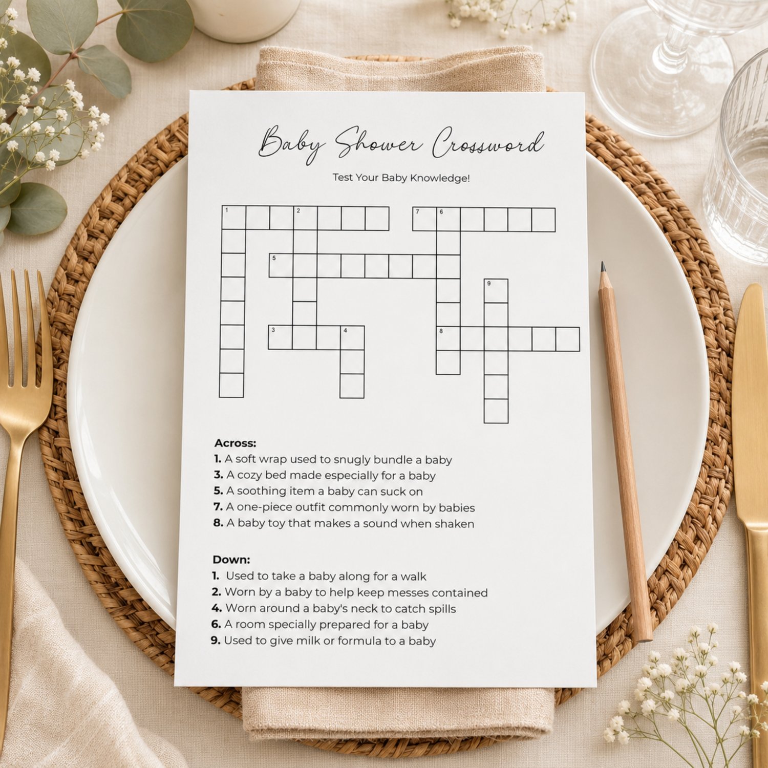 Printable baby shower game bundle featuring a Baby Shower Word Search with 20 baby-related words and a Baby Shower Crossword Puzzle with answer keys, formatted as four black-and-white US Letter pages.