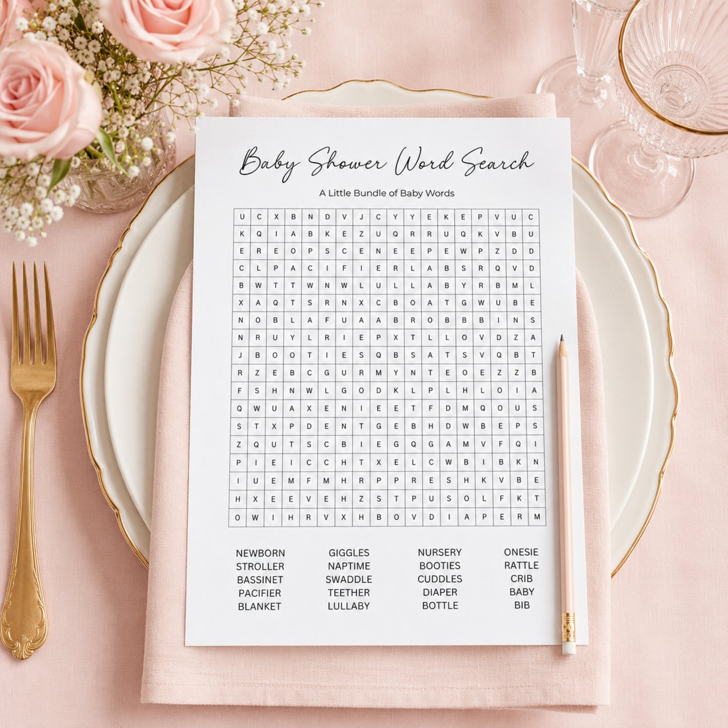 Printable baby shower game bundle featuring a Baby Shower Word Search with 20 baby-related words and a Baby Shower Crossword Puzzle with answer keys, formatted as four black-and-white US Letter pages.