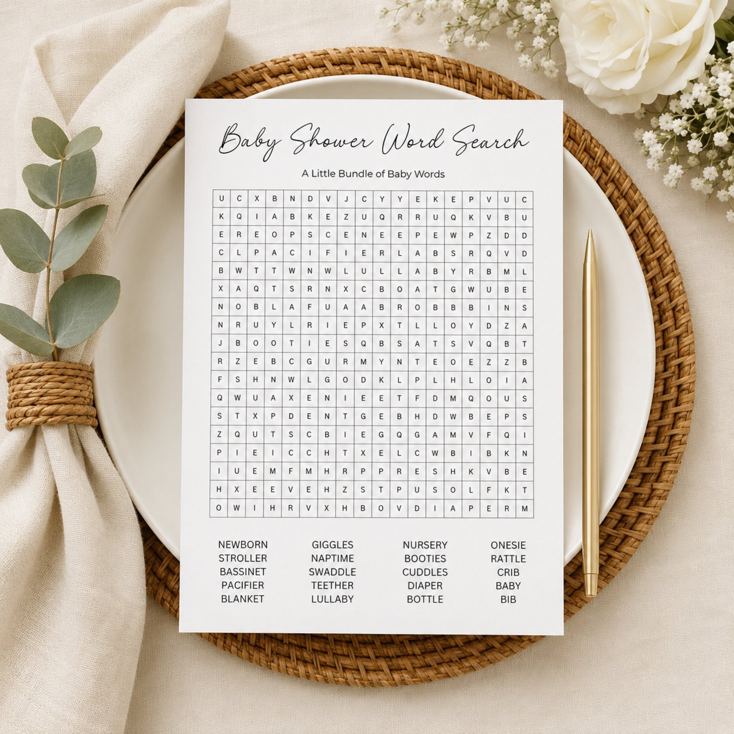 Printable baby shower game bundle featuring a Baby Shower Word Search with 20 baby-related words and a Baby Shower Crossword Puzzle with answer keys, formatted as four black-and-white US Letter pages.