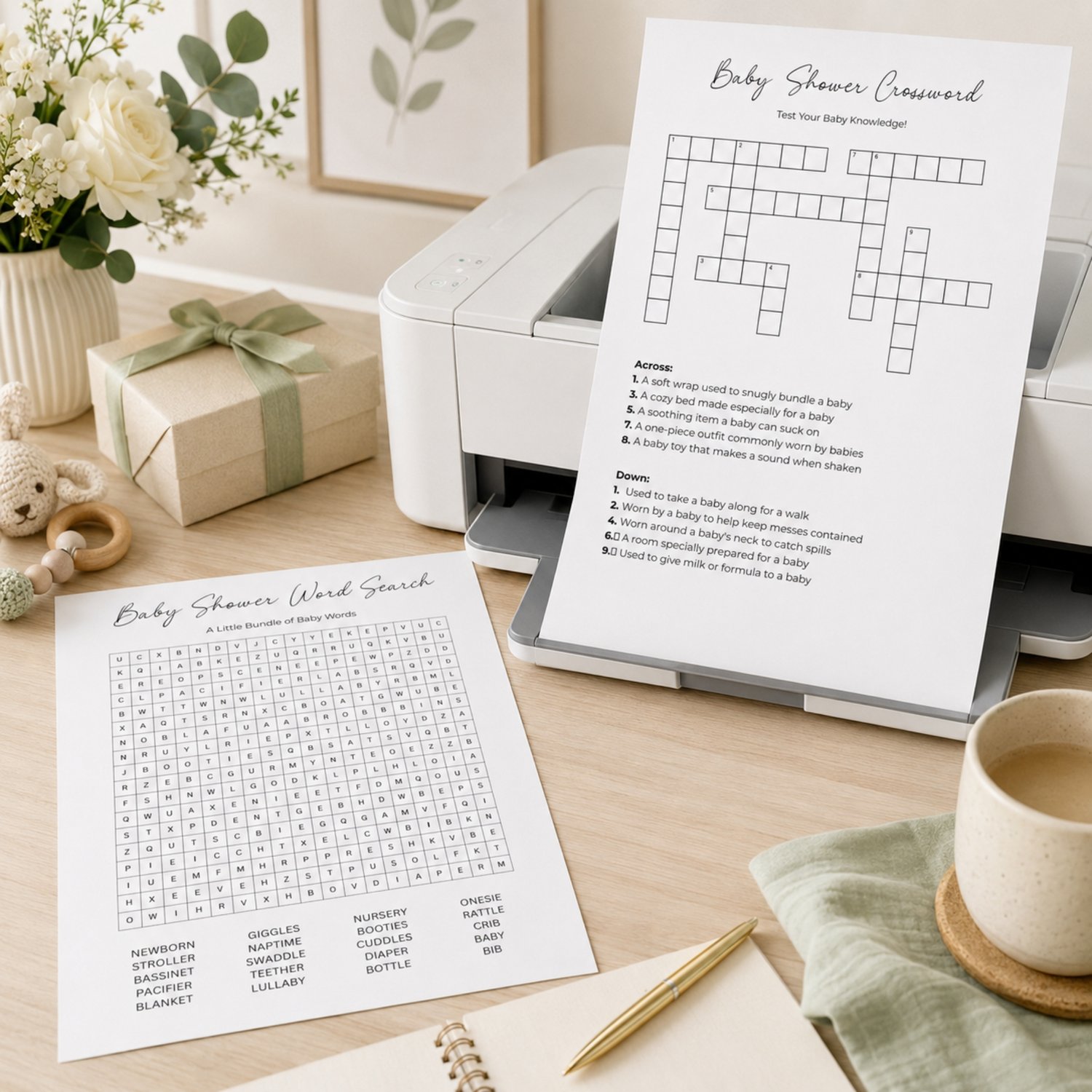 Printable baby shower game bundle featuring a Baby Shower Word Search with 20 baby-related words and a Baby Shower Crossword Puzzle with answer keys, formatted as four black-and-white US Letter pages.