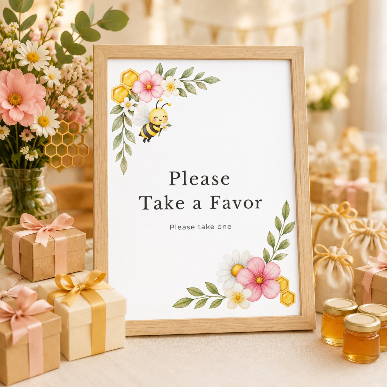 Party sign bundle features watercolor illustrations of a yellow and black bee, green leaves, pink flowers, white daisies, and yellow honeycombs. Edit in Canva.