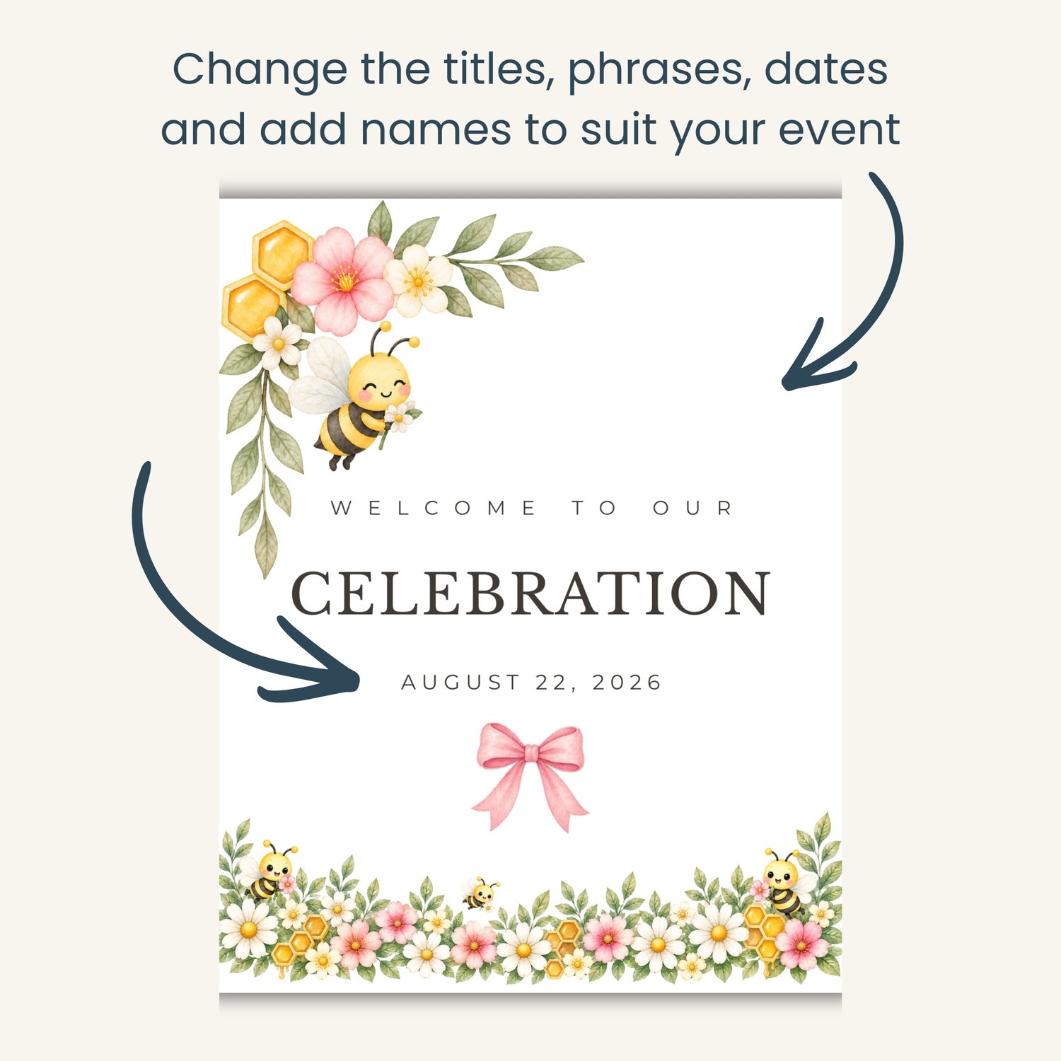 Party sign bundle features watercolor illustrations of a yellow and black bee, green leaves, pink flowers, white daisies, and yellow honeycombs. Edit in Canva.