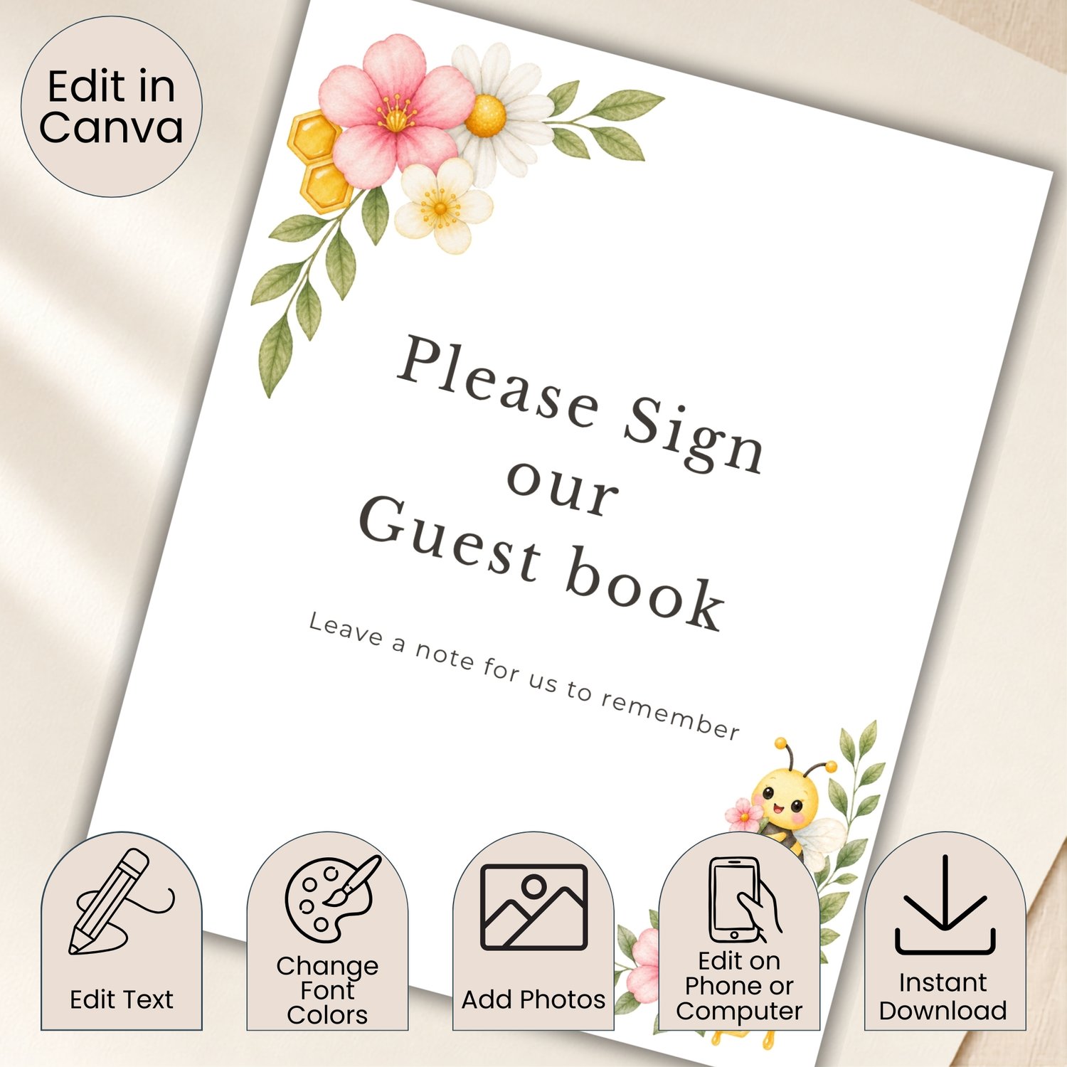 Party sign bundle features watercolor illustrations of a yellow and black bee, green leaves, pink flowers, white daisies, and yellow honeycombs. Edit in Canva.