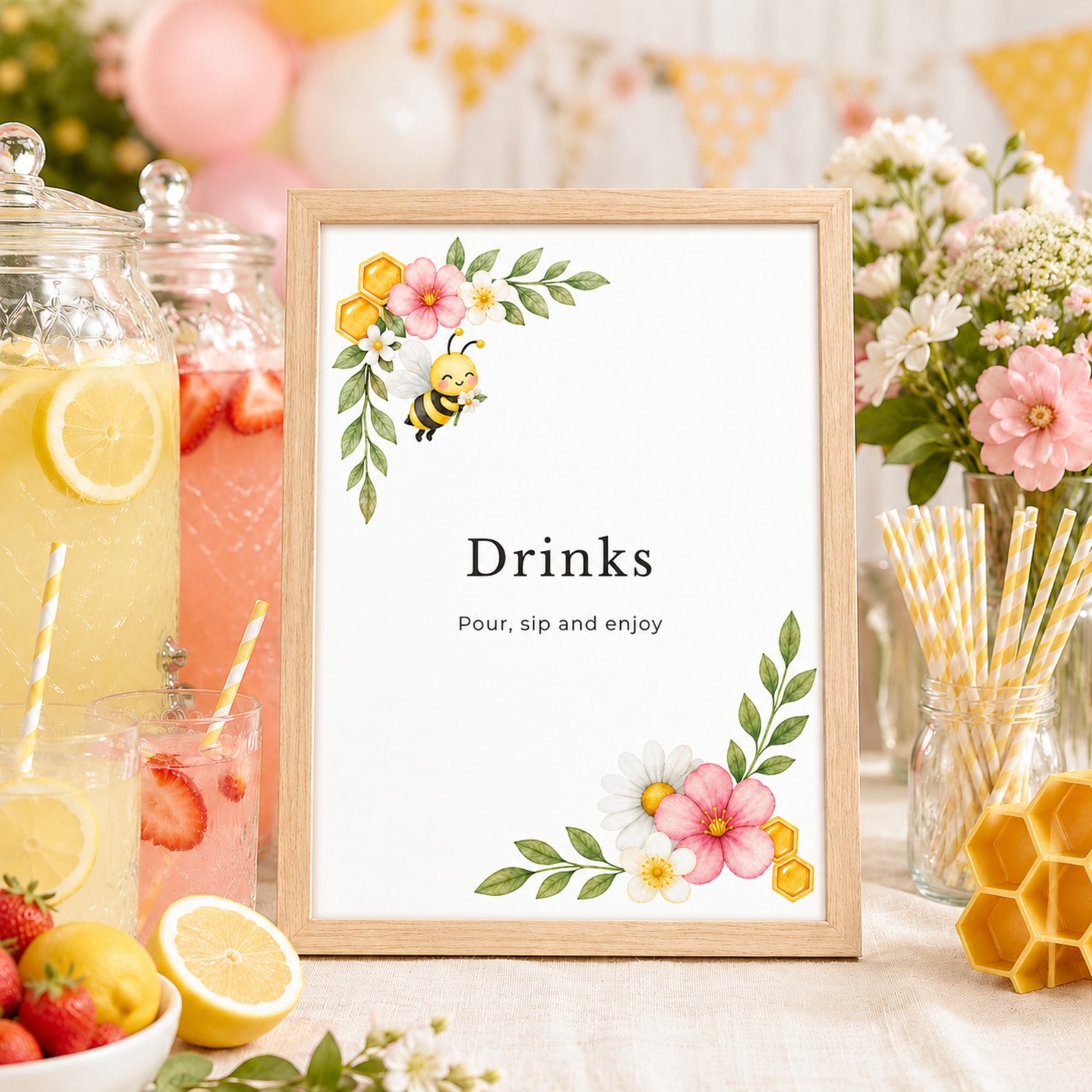 Party sign bundle features watercolor illustrations of a yellow and black bee, green leaves, pink flowers, white daisies, and yellow honeycombs. Edit in Canva.