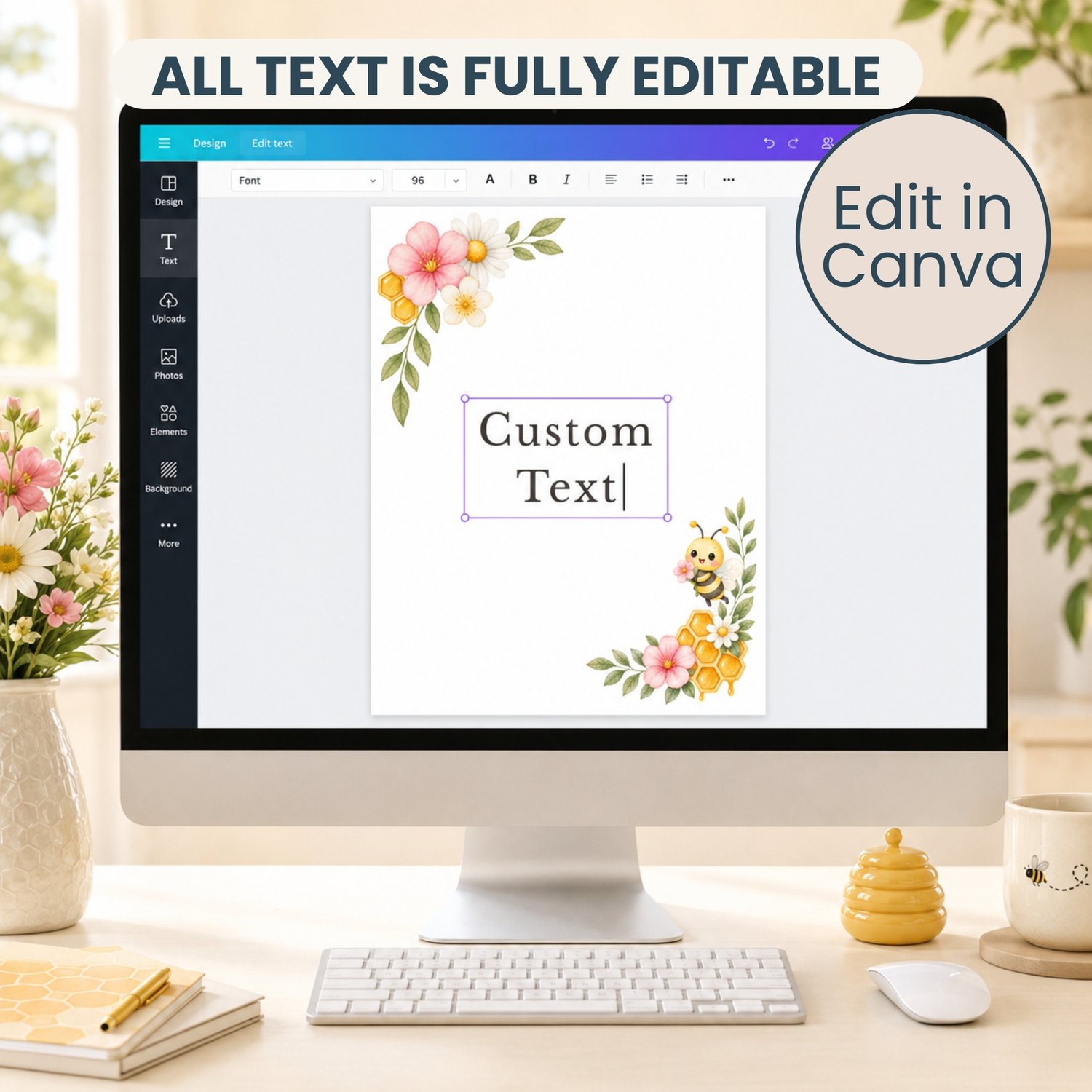 Party sign bundle features watercolor illustrations of a yellow and black bee, green leaves, pink flowers, white daisies, and yellow honeycombs. Edit in Canva.